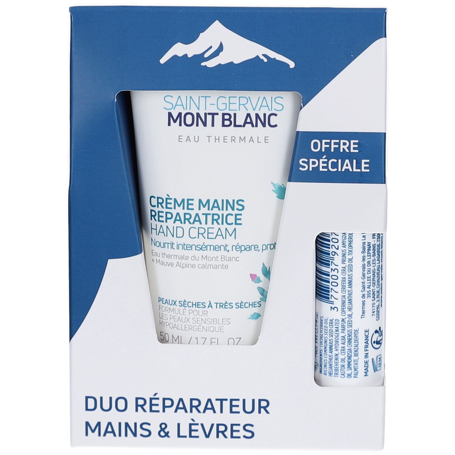 Coffret DUO MAINS & LÈVRES. Contient crème mains et baume lèvres. Logo SAINT-GERVAIS MONT BLANC. Crème mains pour peaux sèches à très sèches.