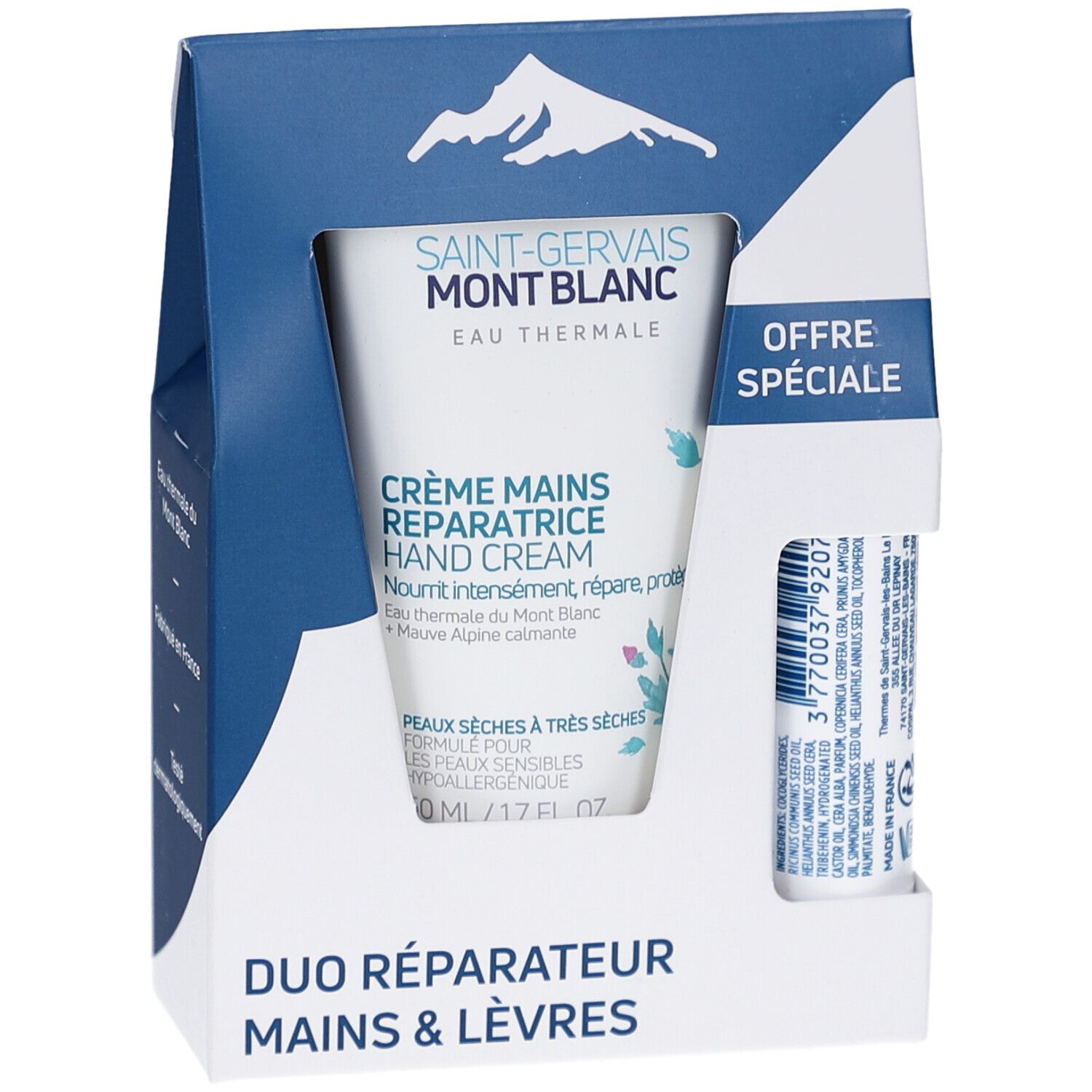 Coffret DUO MAINS & LÈVRES. Contient crème mains et baume lèvres. Logo SAINT-GERVAIS MONT BLANC. Crème mains pour peaux sèches à très sèches.