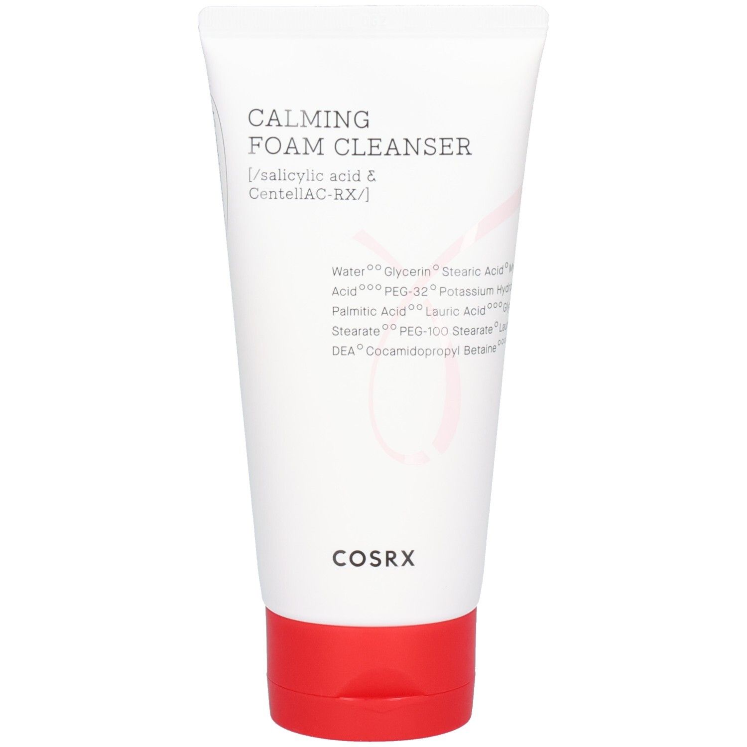 Tube blanche à bouchon rouge. Inscription: Calming Foam Cleanser, Cosrx. Ingrédients imprimés.