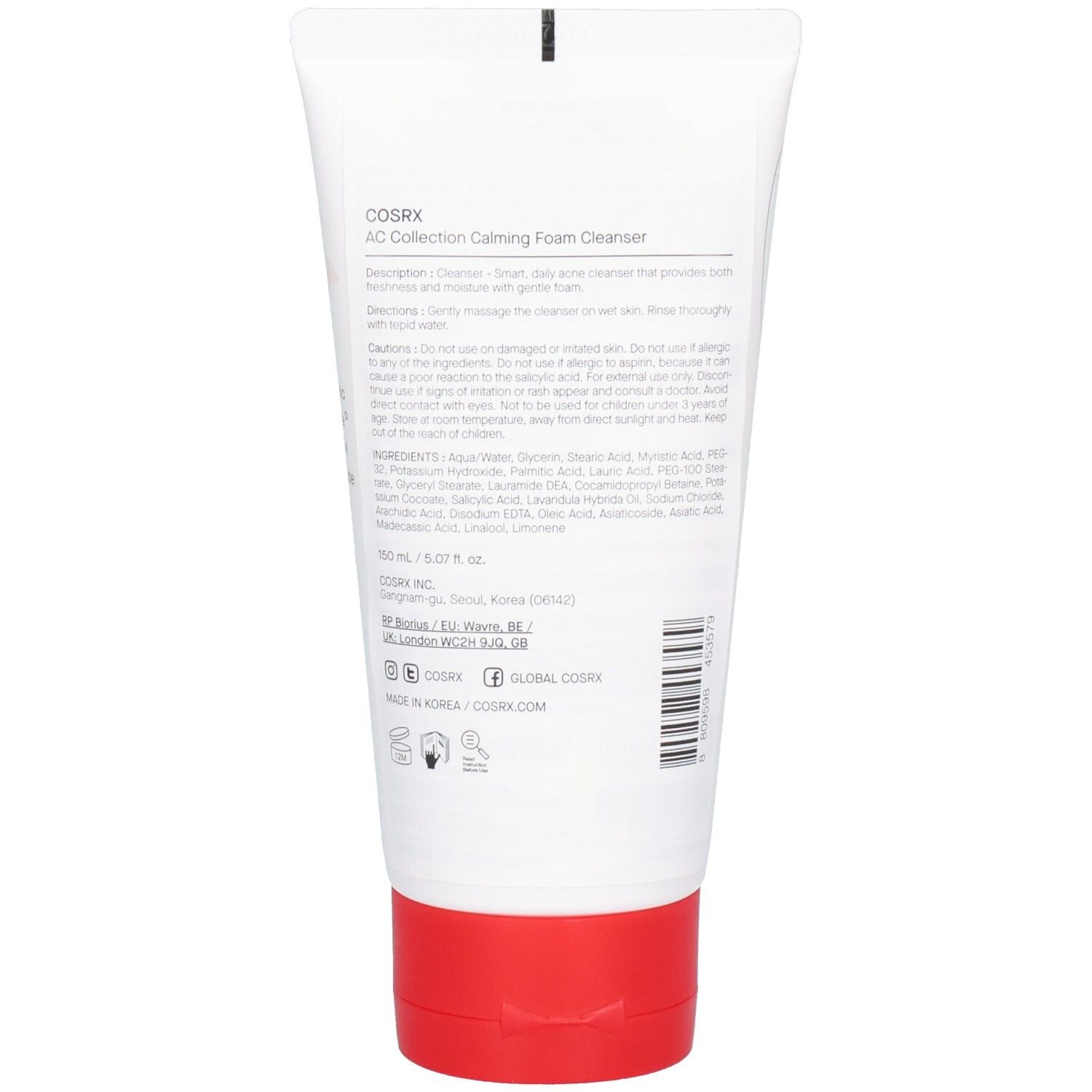 Dos du tube blanc à bouchon rouge. Impression avec ingrédients, instructions et fabricant.