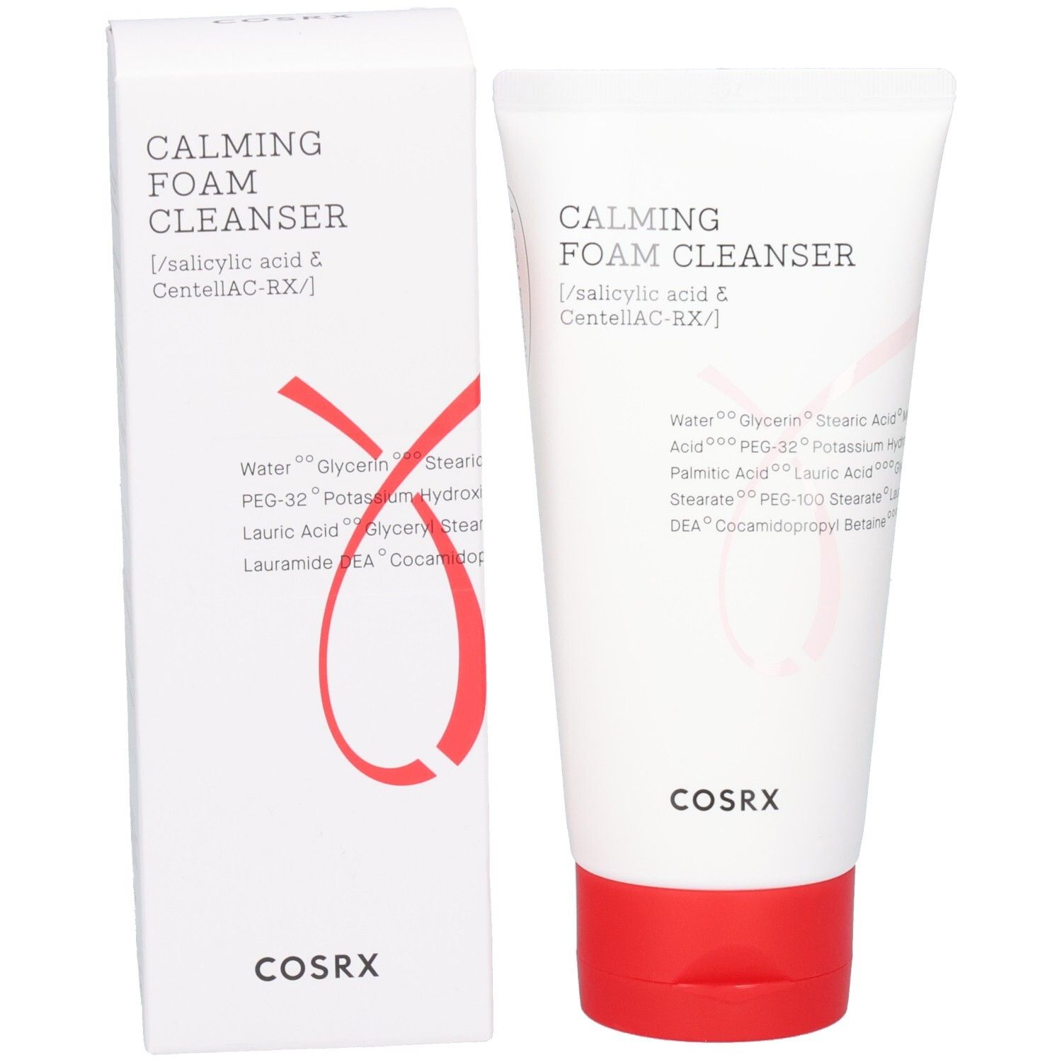 Emballage et tube blancs. Inscription: Calming Foam Cleanser, Cosrx. Graphique rouge. Tube à bouchon rouge.