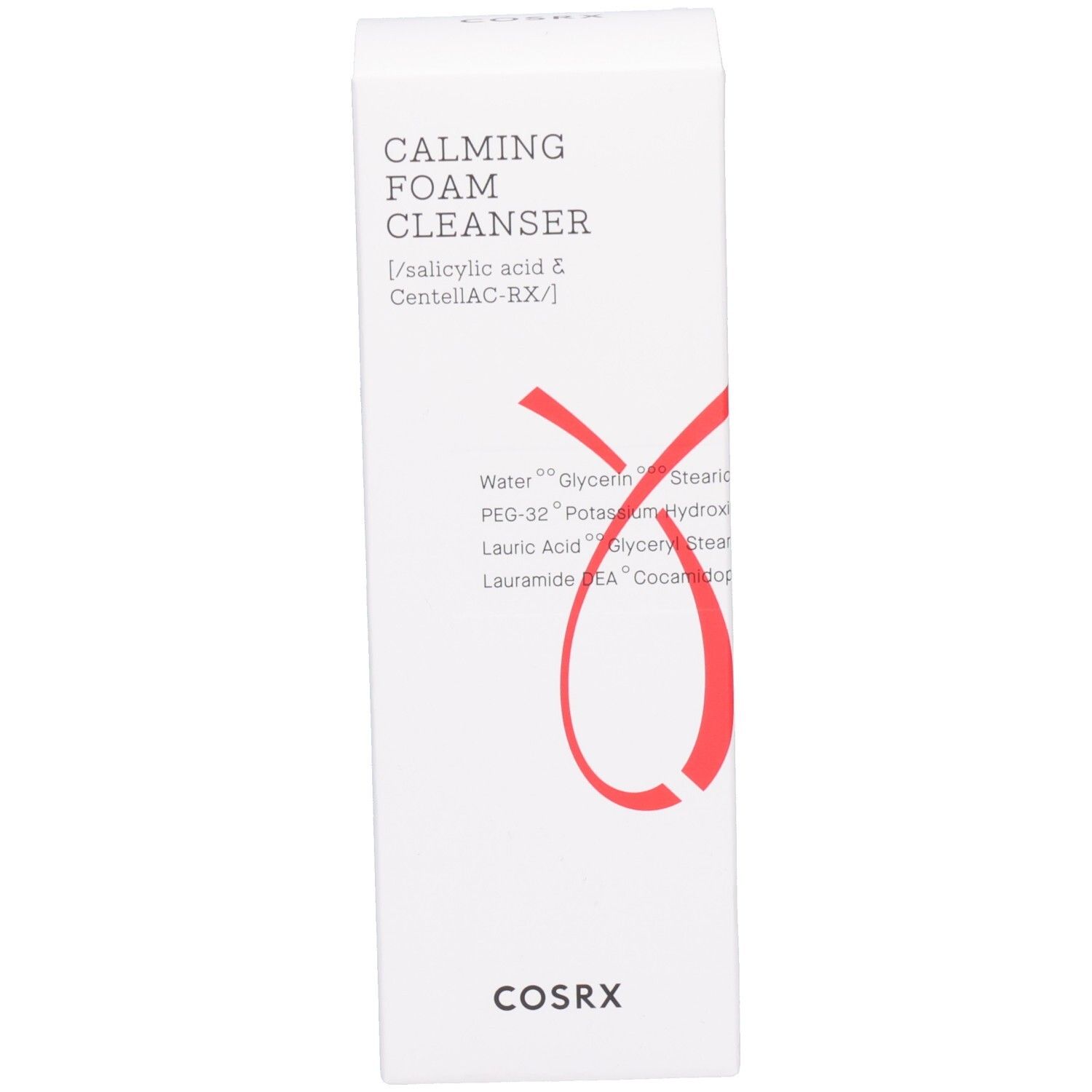 Emballage blanc. Inscription: Calming Foam Cleanser, Cosrx. Graphique rouge. Ingrédients imprimés.