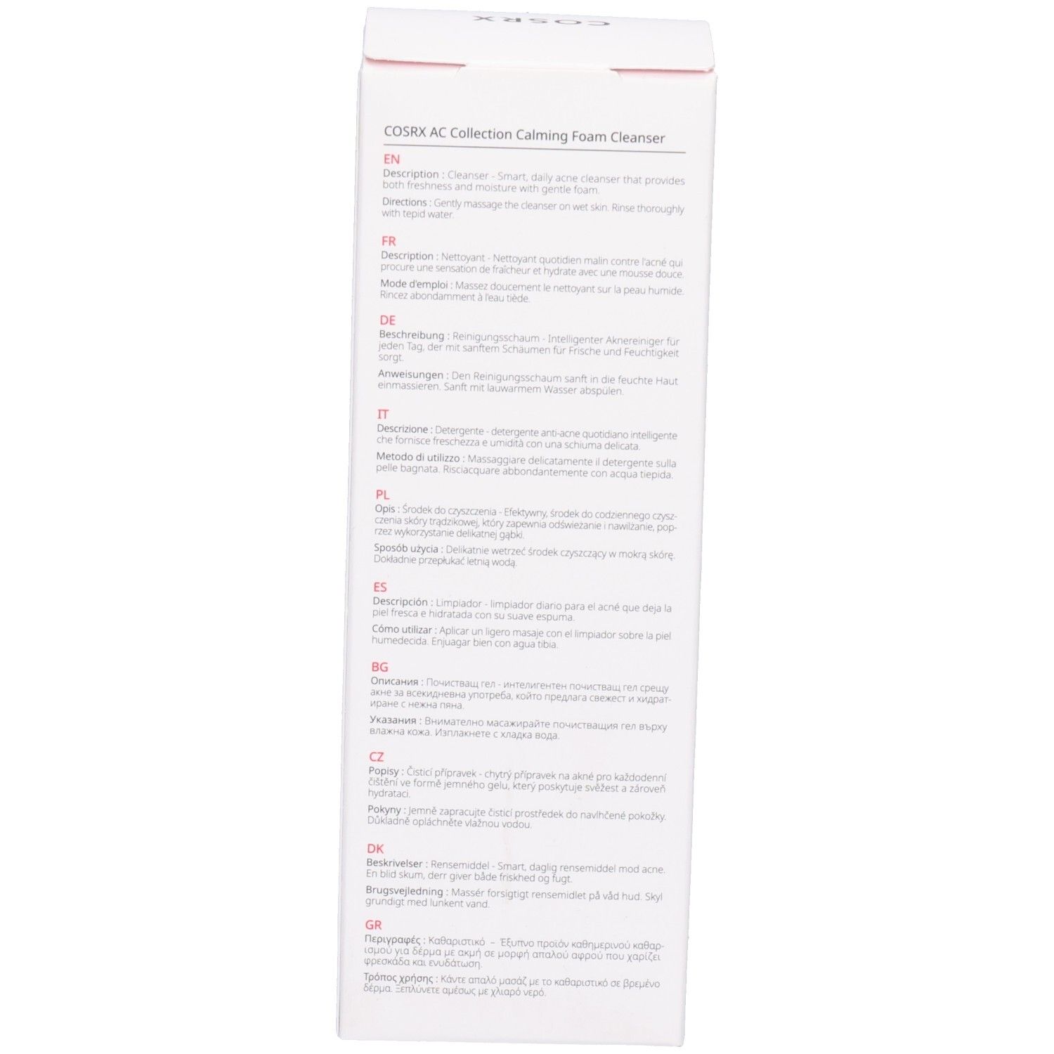 Emballage avec texte en plusieurs langues. Informations fabricant et ingrédients imprimés.