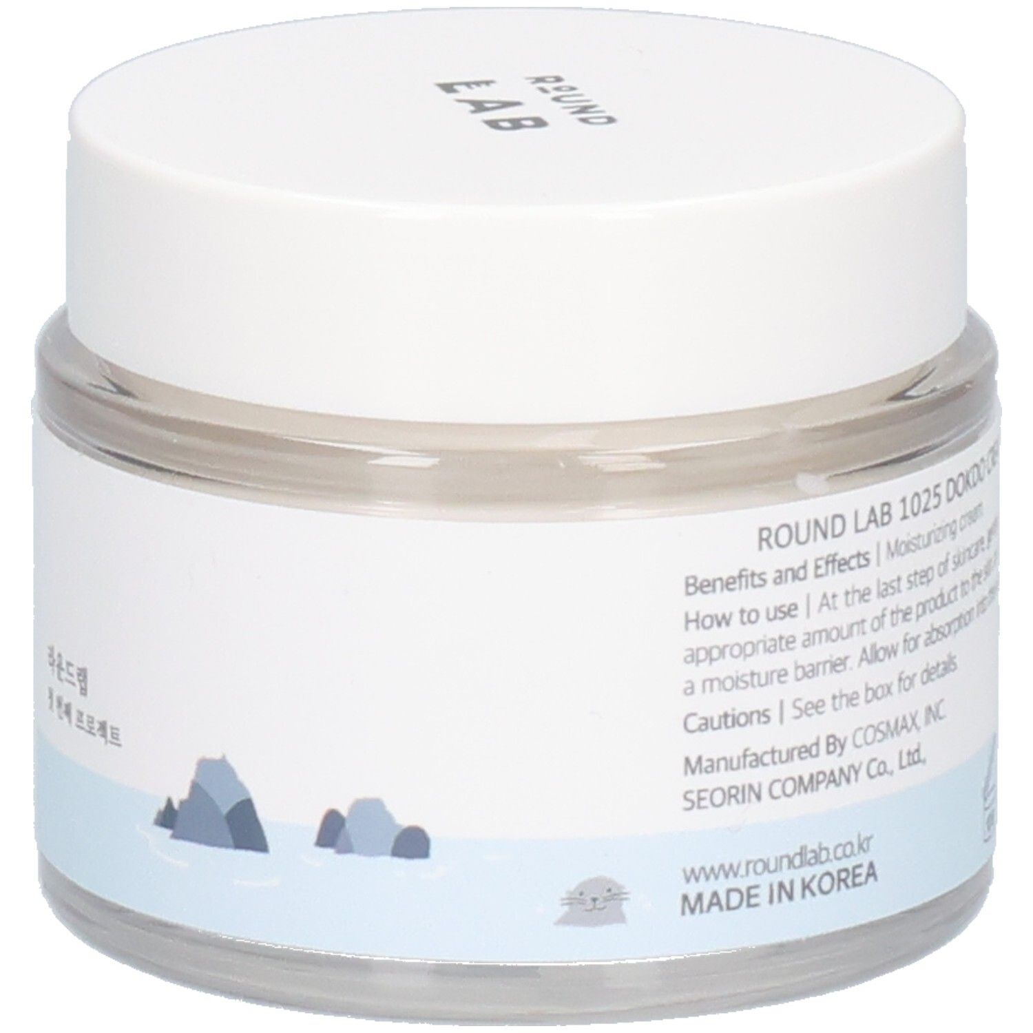 Pot rond transparent avec couvercle blanc. Étiquette avec texte et symboles de recyclage. "ROUND LAB" en haut.