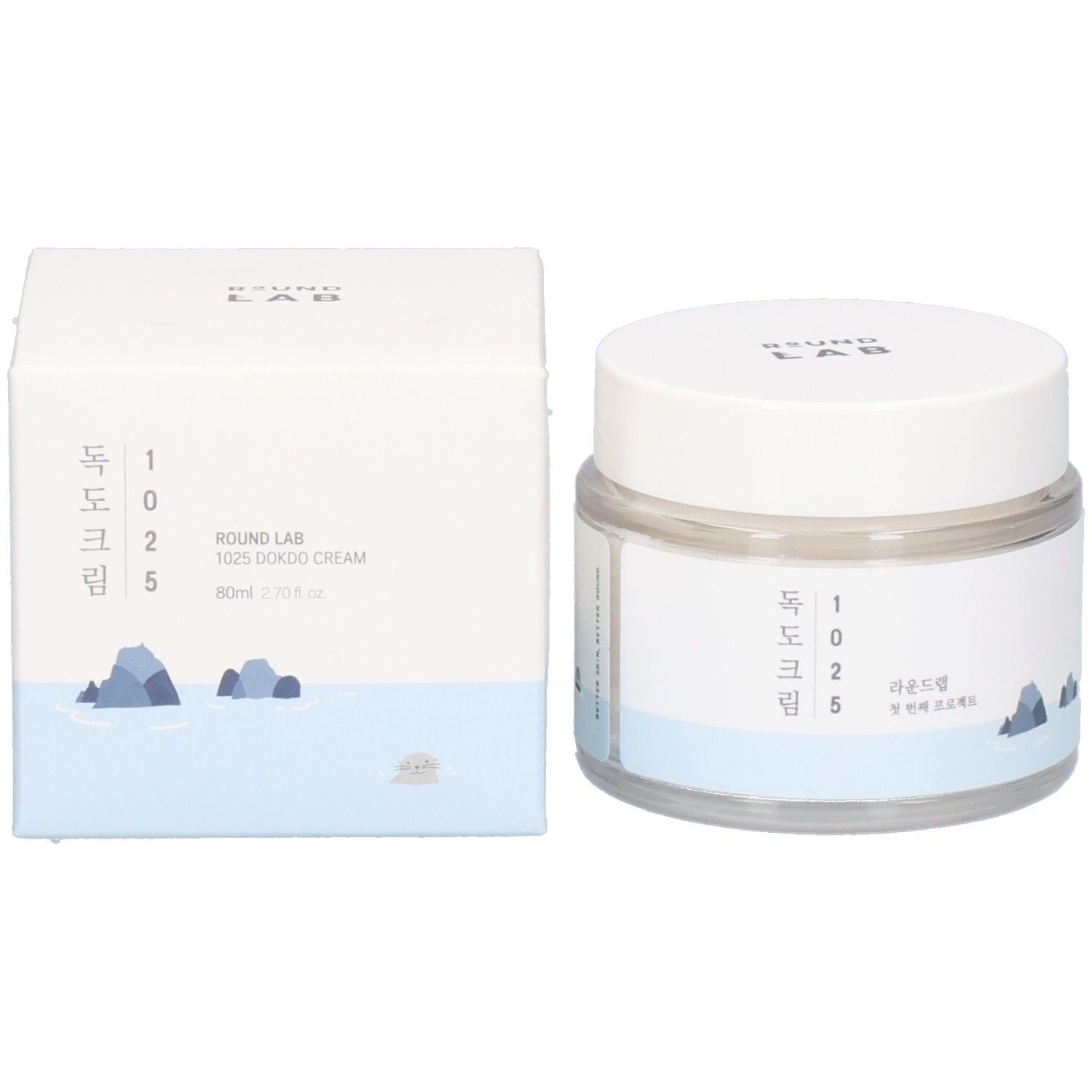 Emballage du produit : pot et boîte. Pot avec couvercle blanc et étiquette. Boîte avec texte et logo. "ROUND LAB".