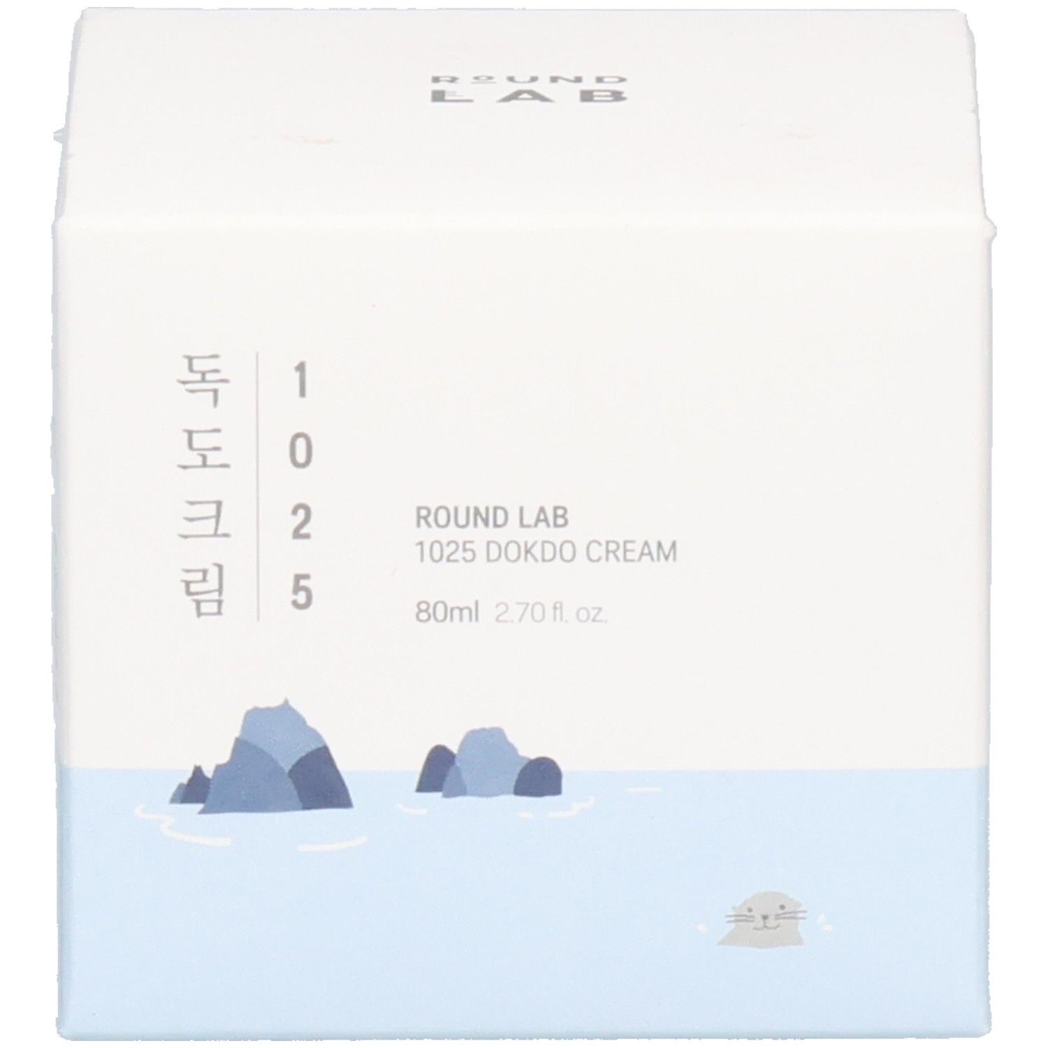 Emballage du produit : boîte avec texte et logo. Pot avec couvercle blanc et étiquette. "ROUND LAB" et texte coréen.