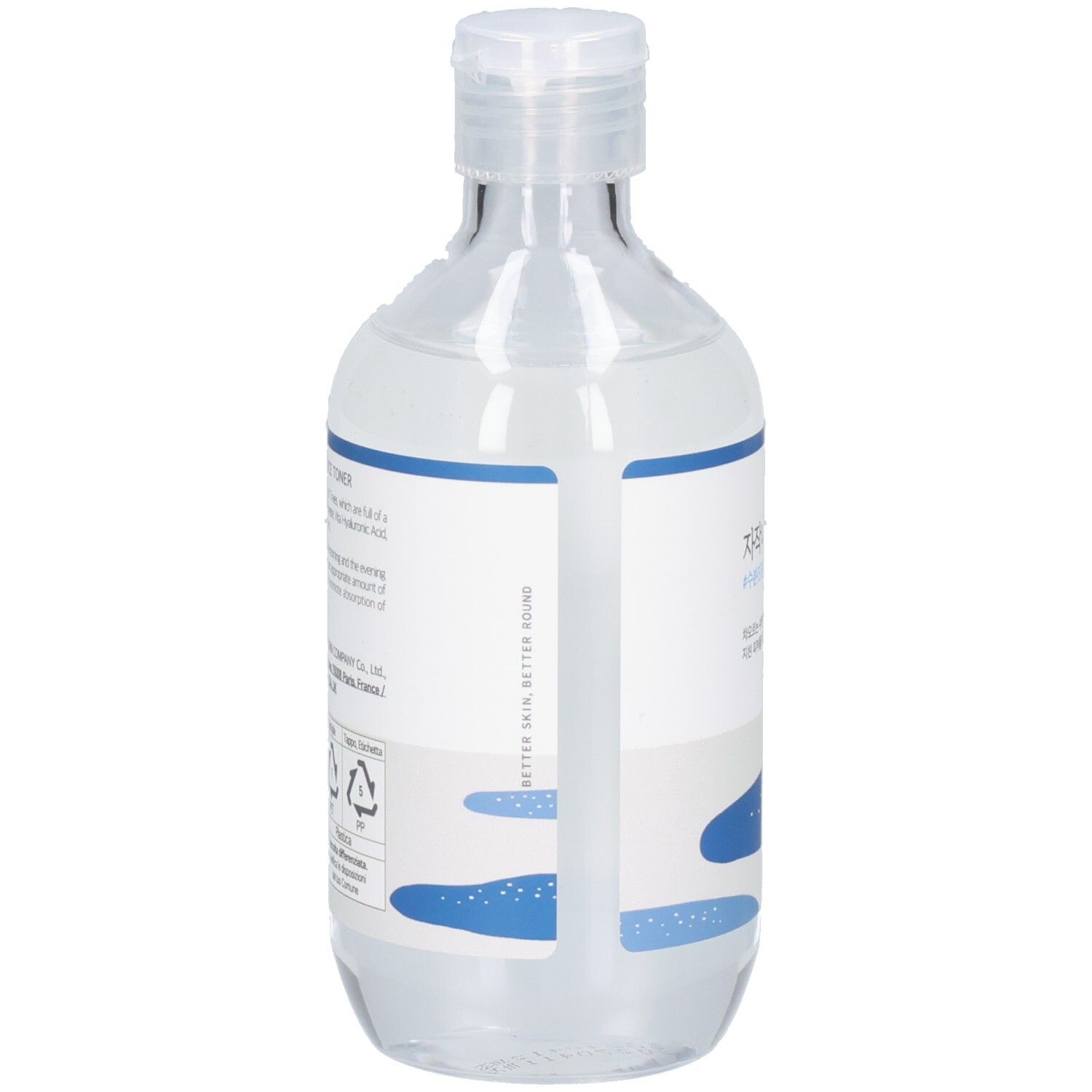 Vue arrière du flacon transparent avec étiquette bleue et blanche. Caractères coréens.