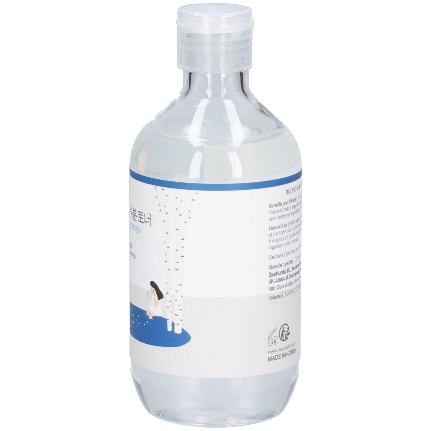 Flacon transparent avec étiquette bleue et blanche. Inscriptions coréennes. Bouchon en haut.