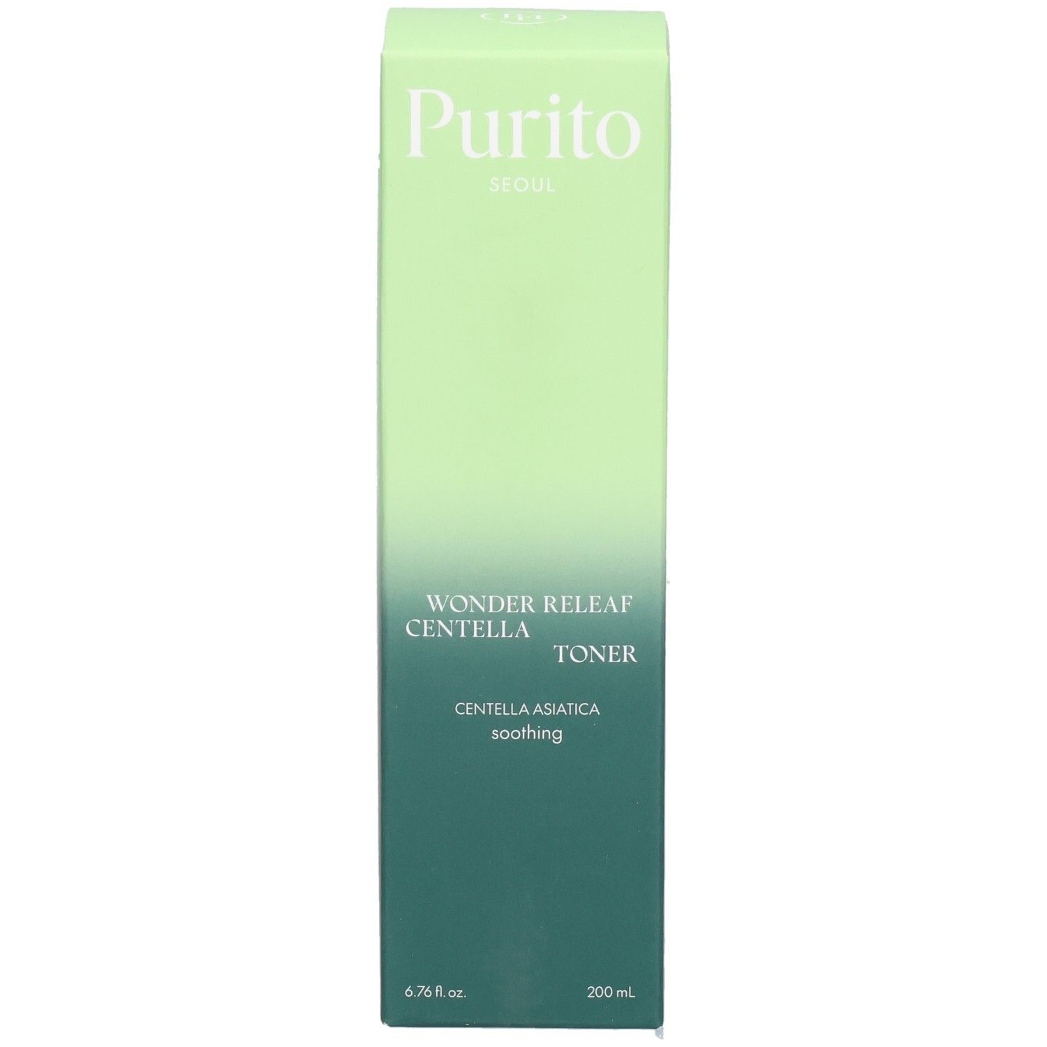 Emballage vert avec nom et logo du produit. Texte : Wonder Releaf Centella Toner. Label végétalien.