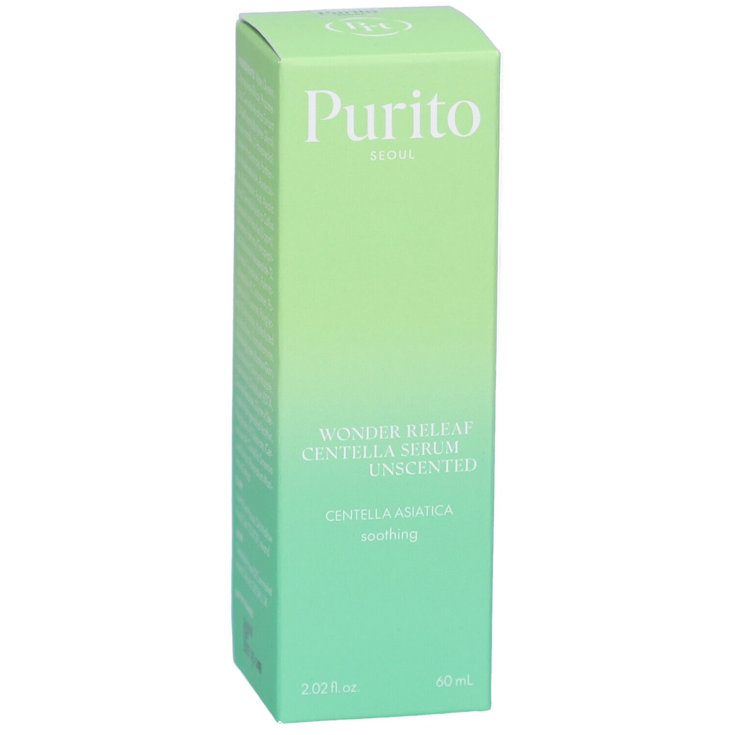 Emballage vert. Inscription : Purito Seoul, Wonder Releaf Centella Serum Unscented, Centella Asiatica, soothing. 60 ml.