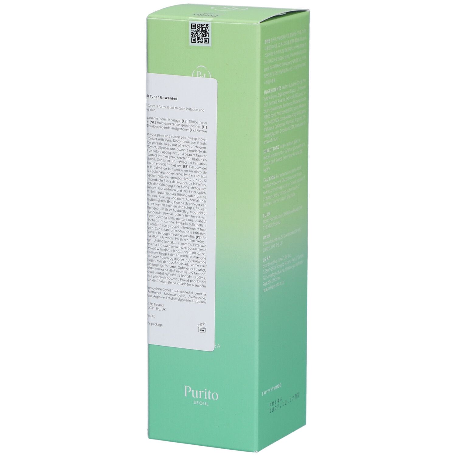Emballage rectangulaire vert. Inscription : Purito, Wonder Releaf Centella Toner Unscented, Centella Asiatica, soothing. Texte sur le côté.