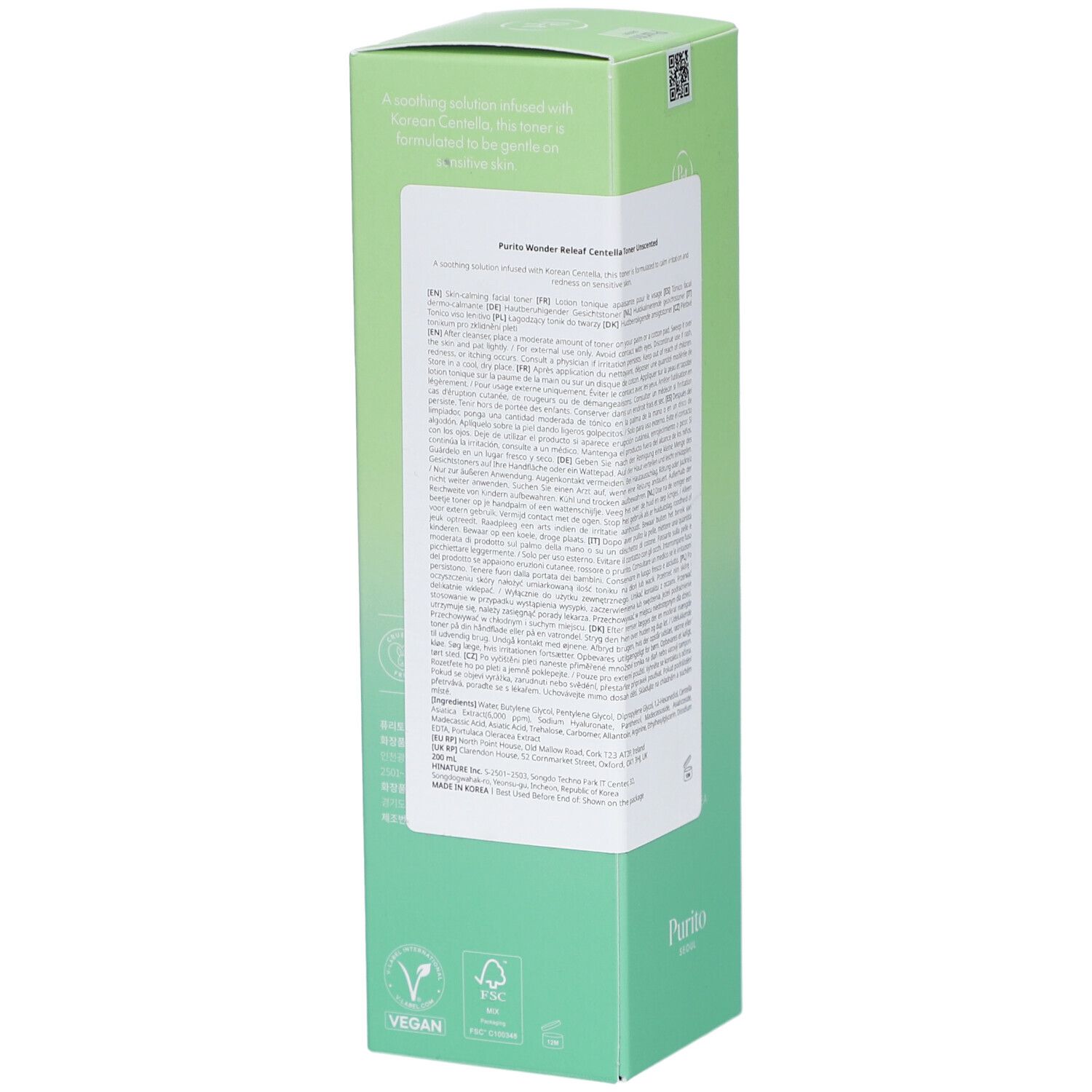 Emballage rectangulaire vert. Inscription : Purito, Wonder Releaf Centella Toner Unscented, Centella Asiatica, soothing. Texte sur le côté.