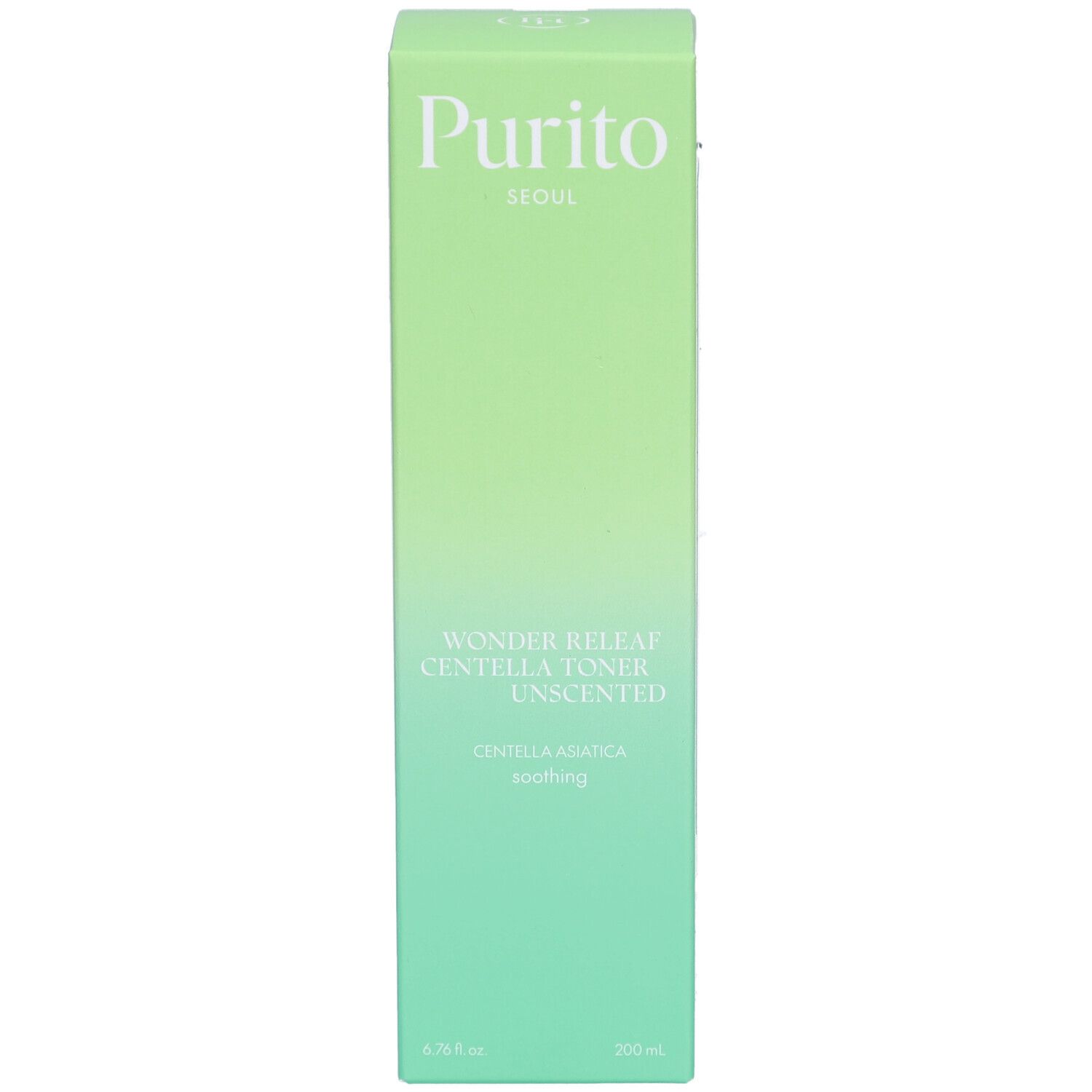 Emballage rectangulaire vert. Inscription : Purito, Wonder Releaf Centella Toner Unscented, Centella Asiatica, soothing. 200 ml.