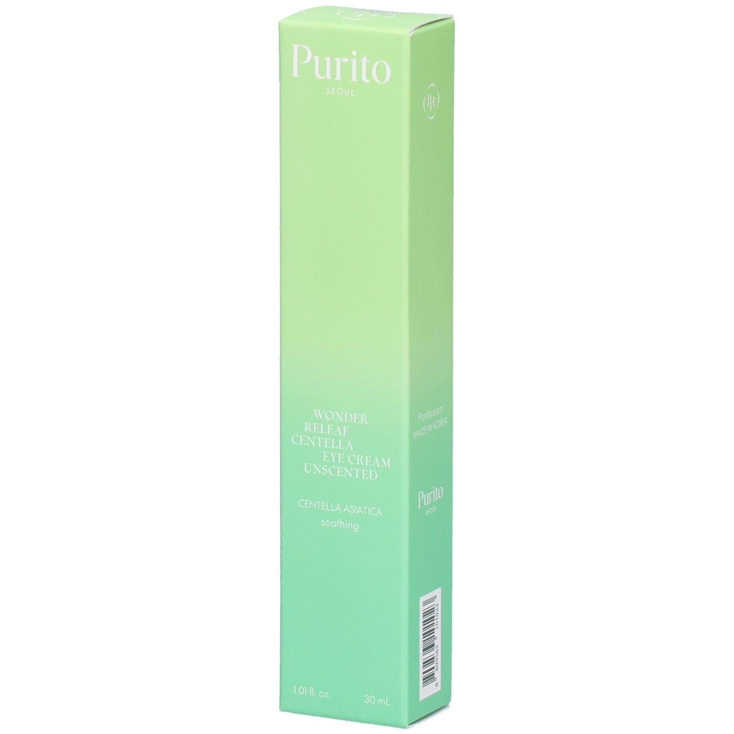 Emballage vert allongé. En haut, "Purito". Nom du produit : Wonder Releaf Centella Eye Cream Unscented. En bas : 30 ml.