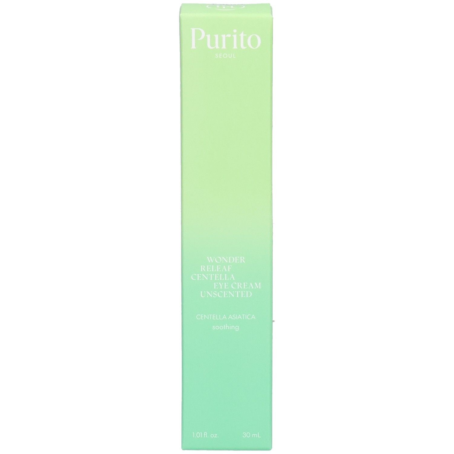 Emballage vert allongé. En haut : "Purito". Nom du produit : Wonder Releaf Centella Eye Cream Unscented. En bas : 30 ml.