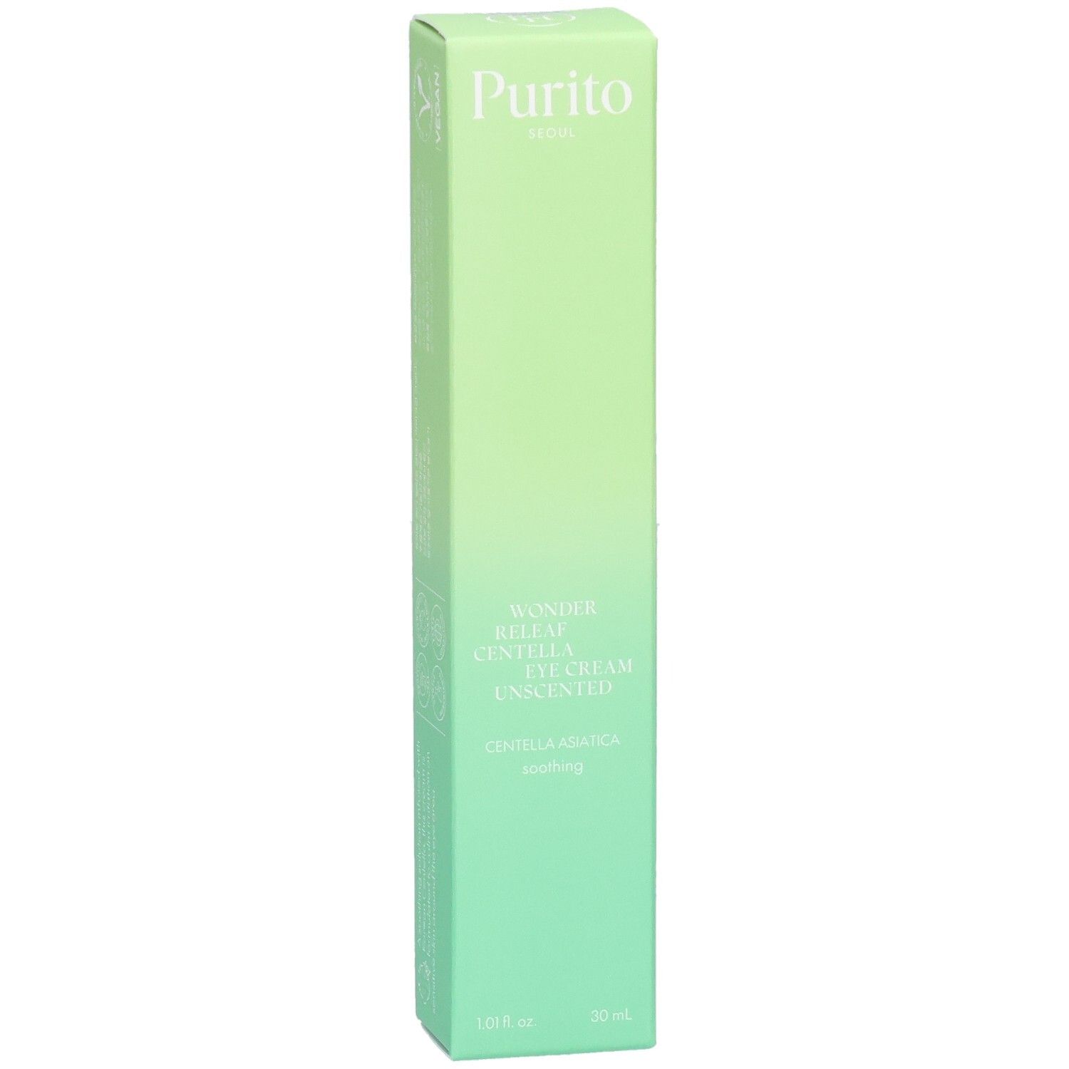Emballage vert allongé. En haut : "Purito". Nom du produit : Wonder Releaf Centella Eye Cream Unscented. En bas : 30 ml.