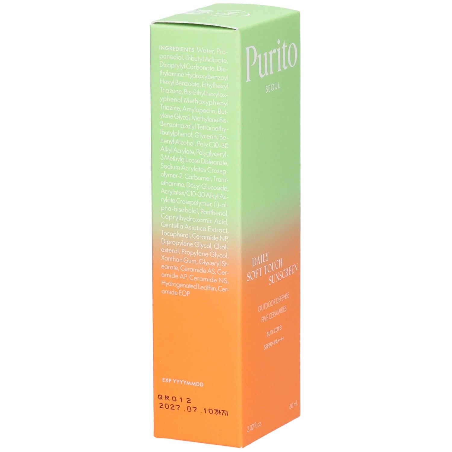 Dos de l'emballage du produit. Texte: ingrédients, code QR, date de péremption. Couleurs: vert, orange.