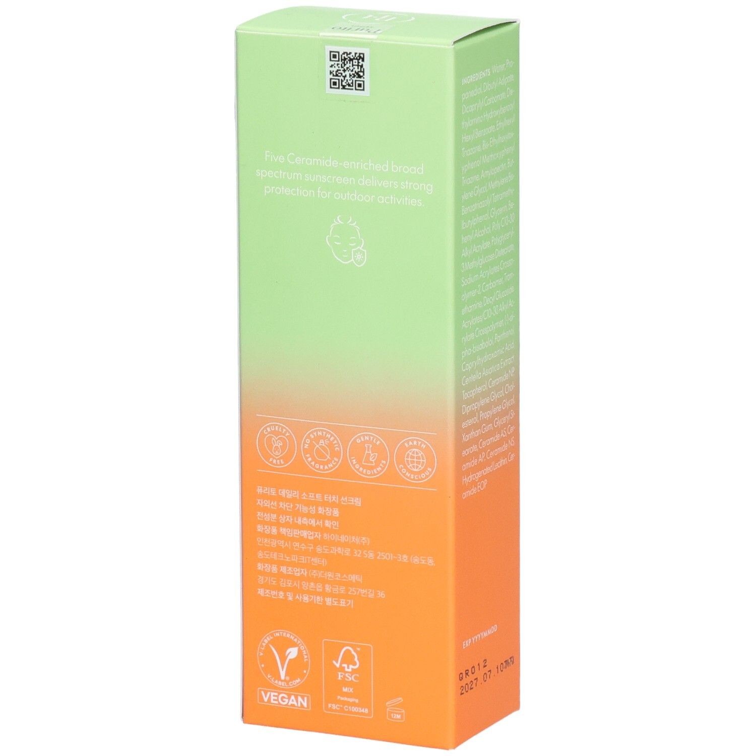 Côté de l'emballage du produit. Texte: ingrédients, certifications. Couleurs: vert, orange.