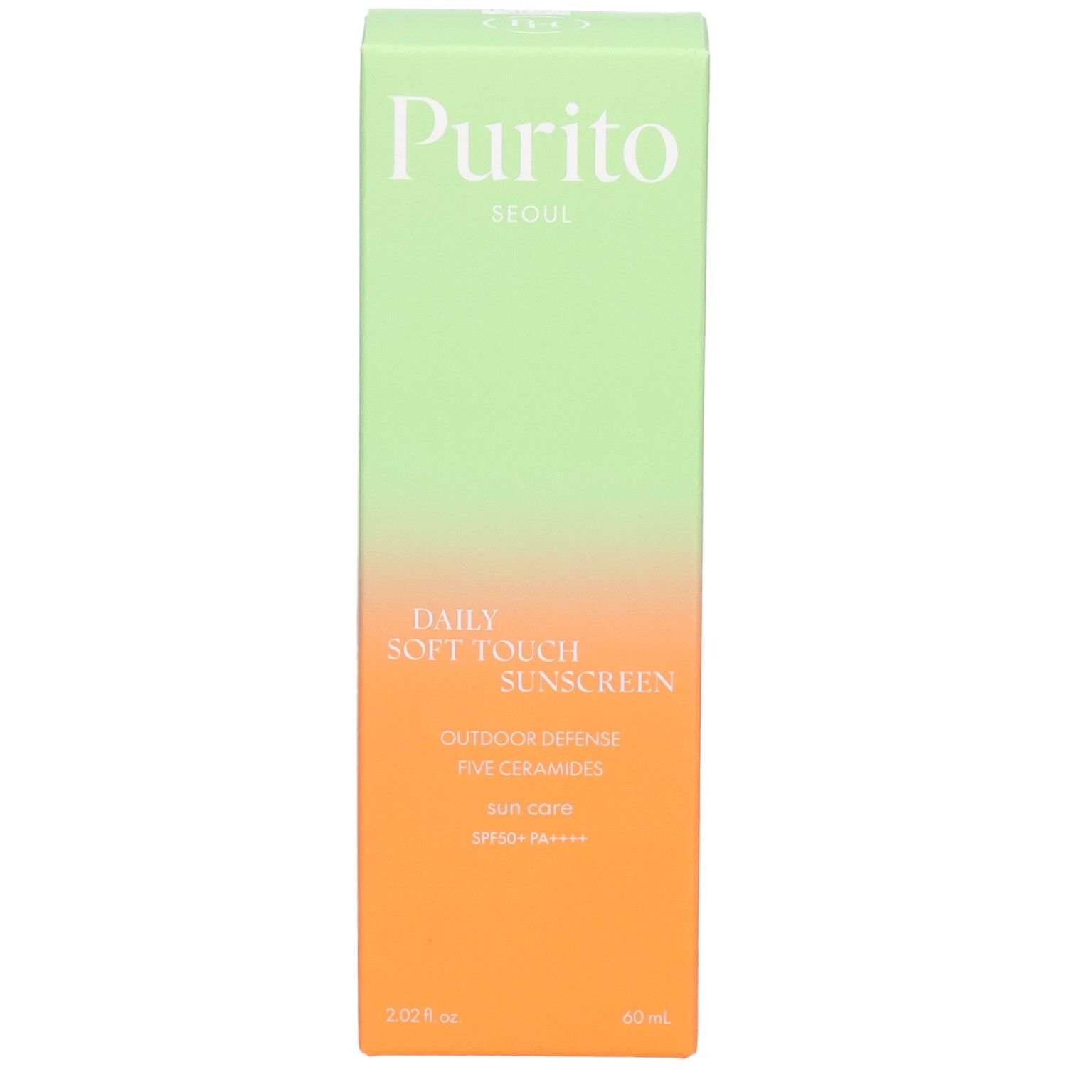 Boîte verte et orange avec informations produit. Texte: Purito, Daily Soft Touch Sunscreen, SPF 50+ PA++++.