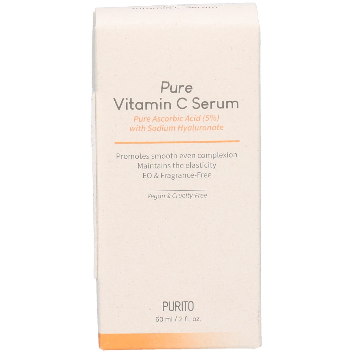 Boîte en carton avec informations produit. Inscription : Pure Vitamin C Serum. Vegan & sans cruauté. Logo PURITO. 60 ml / 2 fl. oz.