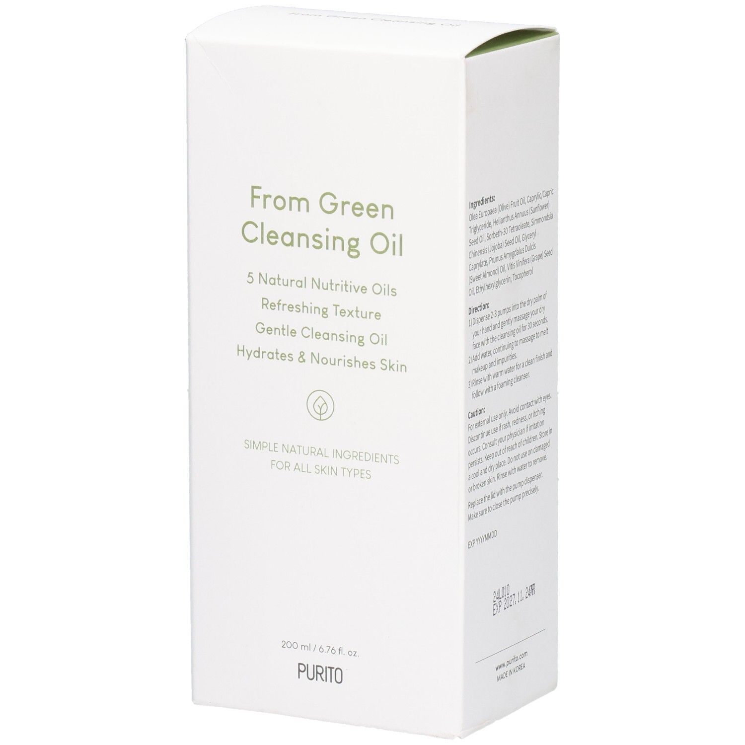 Emballage blanc avec texte vert. From Green Cleansing Oil, 5 Natural Nutritive Oils, Hydrates & Nourishes Skin. En bas: PURITO.