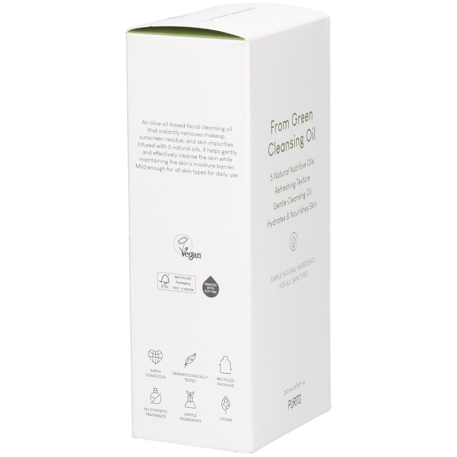 Emballage blanc avec texte vert et logos. From Green Cleansing Oil, Vegan, Testé dermatologiquement. En bas: PURITO.