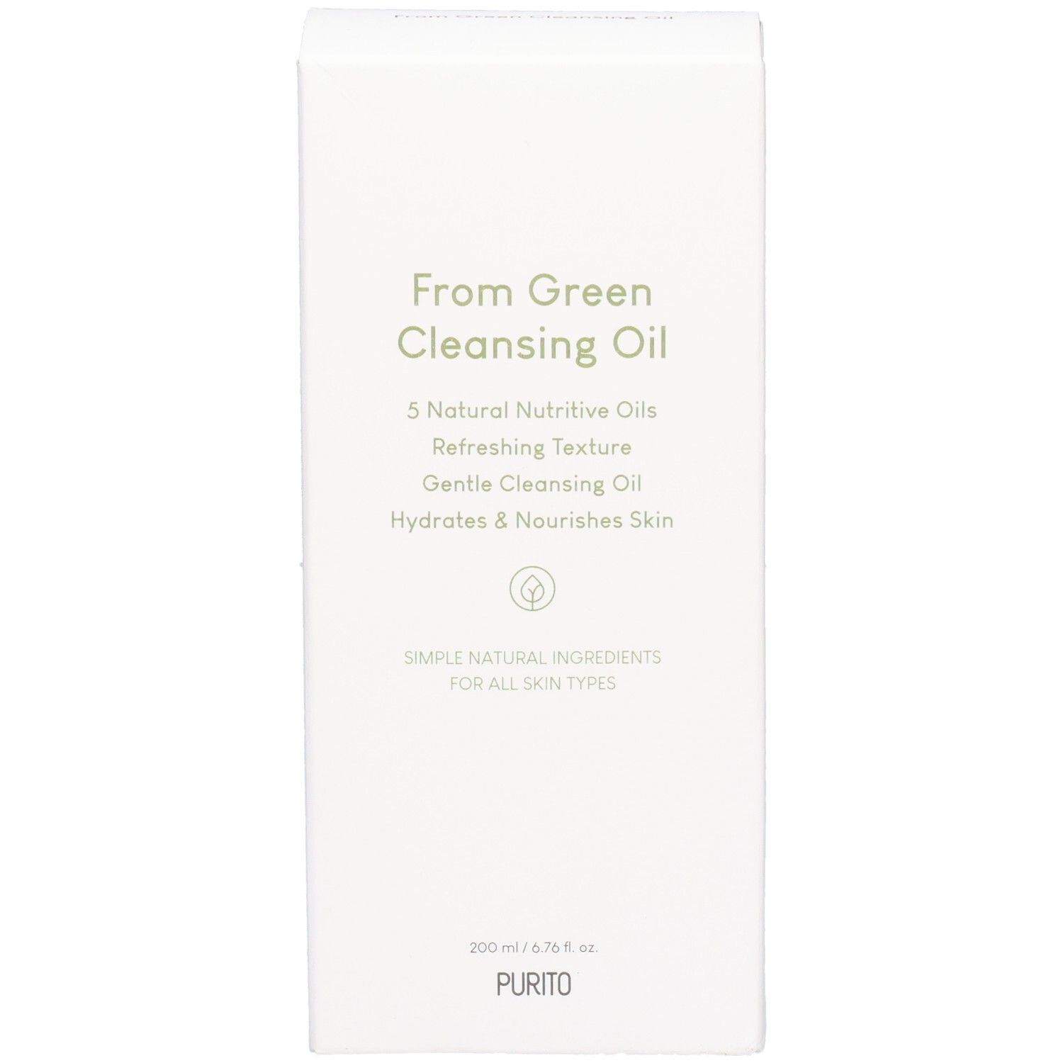 Emballage blanc avec texte vert. From Green Cleansing Oil, 5 Natural Nutritive Oils, Hydrates & Nourishes Skin. En bas: PURITO.