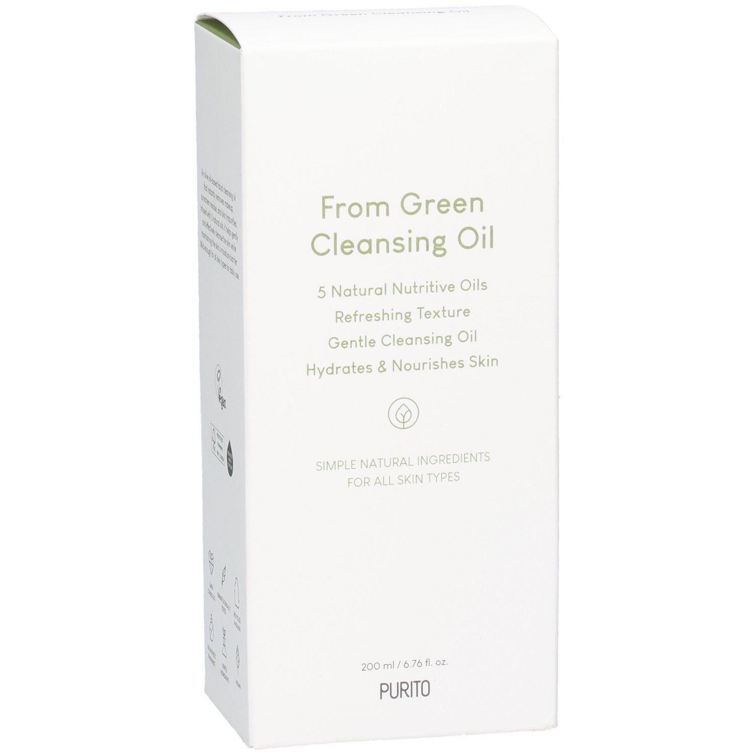 Emballage blanc avec texte vert. From Green Cleansing Oil, 5 Natural Nutritive Oils, Hydrates & Nourishes Skin. En bas: PURITO.