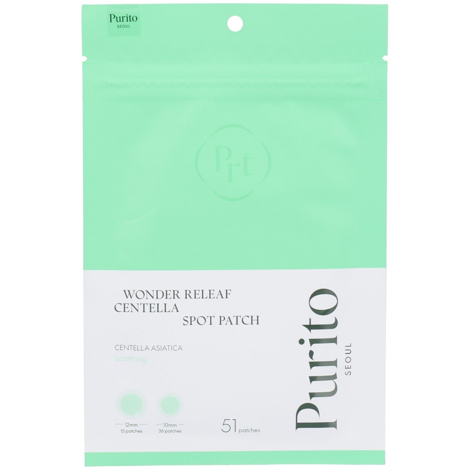 Emballage vert avec nom et logo du produit. Contient 51 patchs. Texte: Wonder Releaf Centella Spot Patch, Centella Asiatica, Purito Seoul.