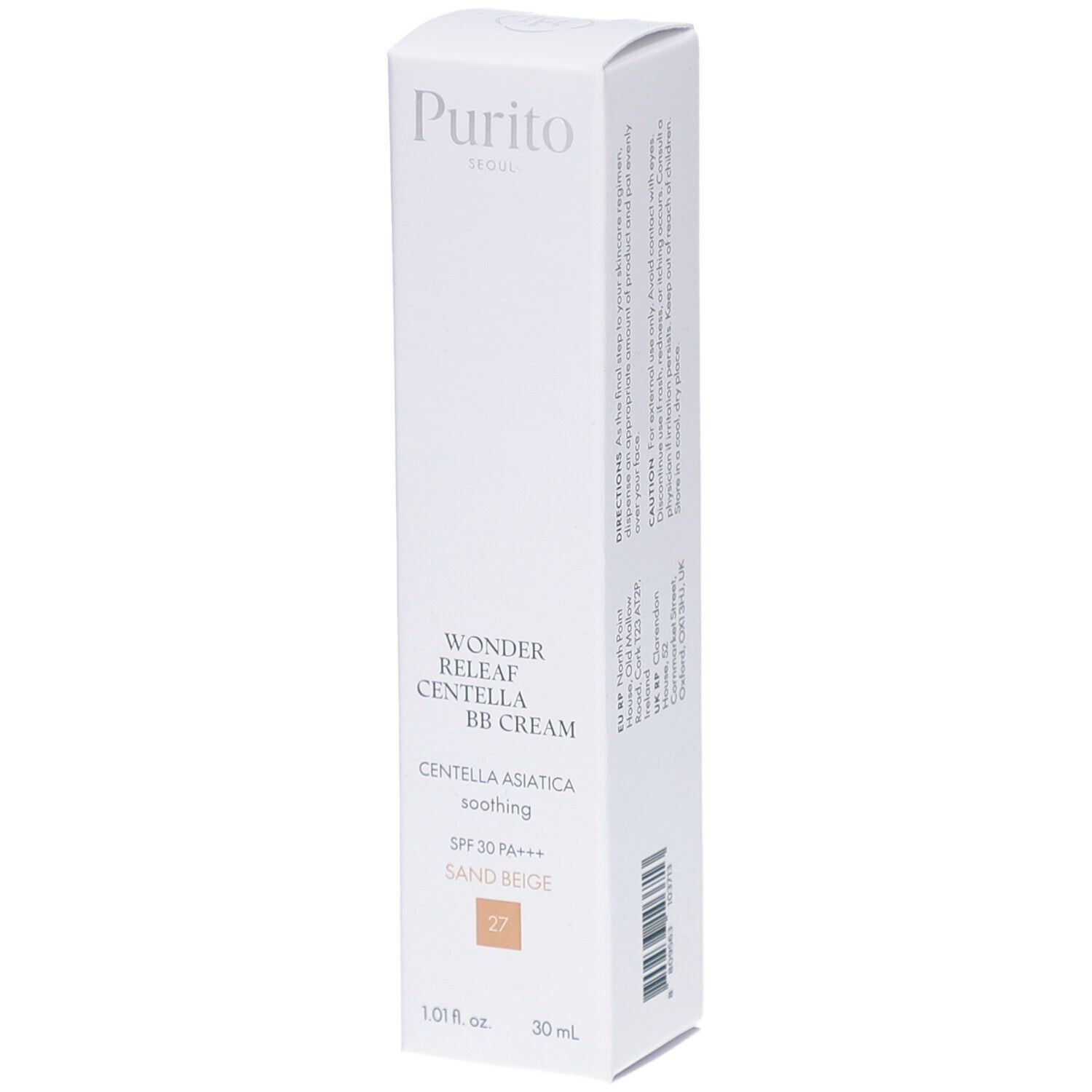 Emballage blanc avec nom et détails du produit. Contient BB Cream, teinte Sand Beige 27, 30 ml. Marque Purito.