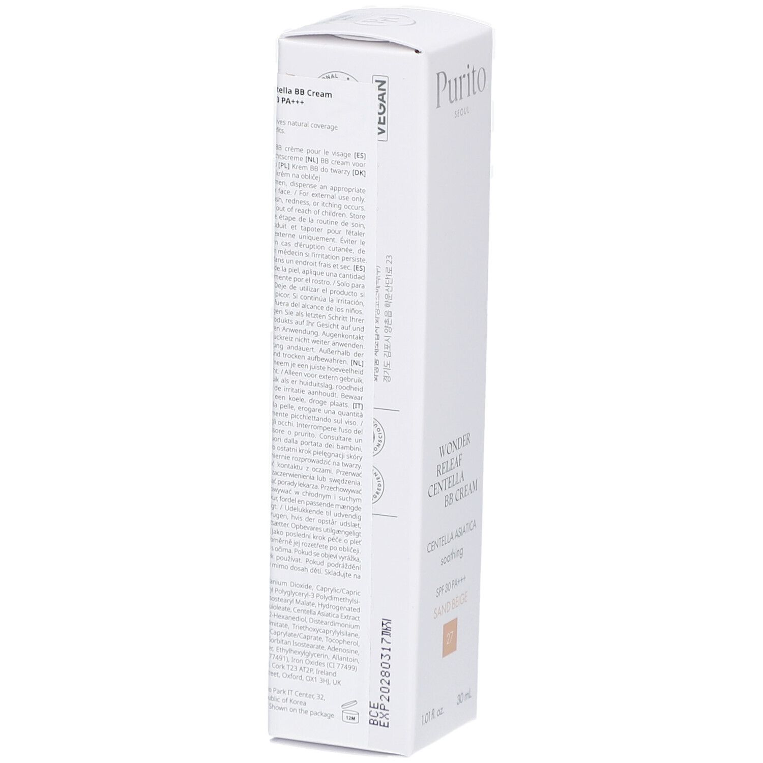 Emballage blanc avec informations produit. Contient BB Cream, logo Vegan. Marque Purito. Texte au dos.