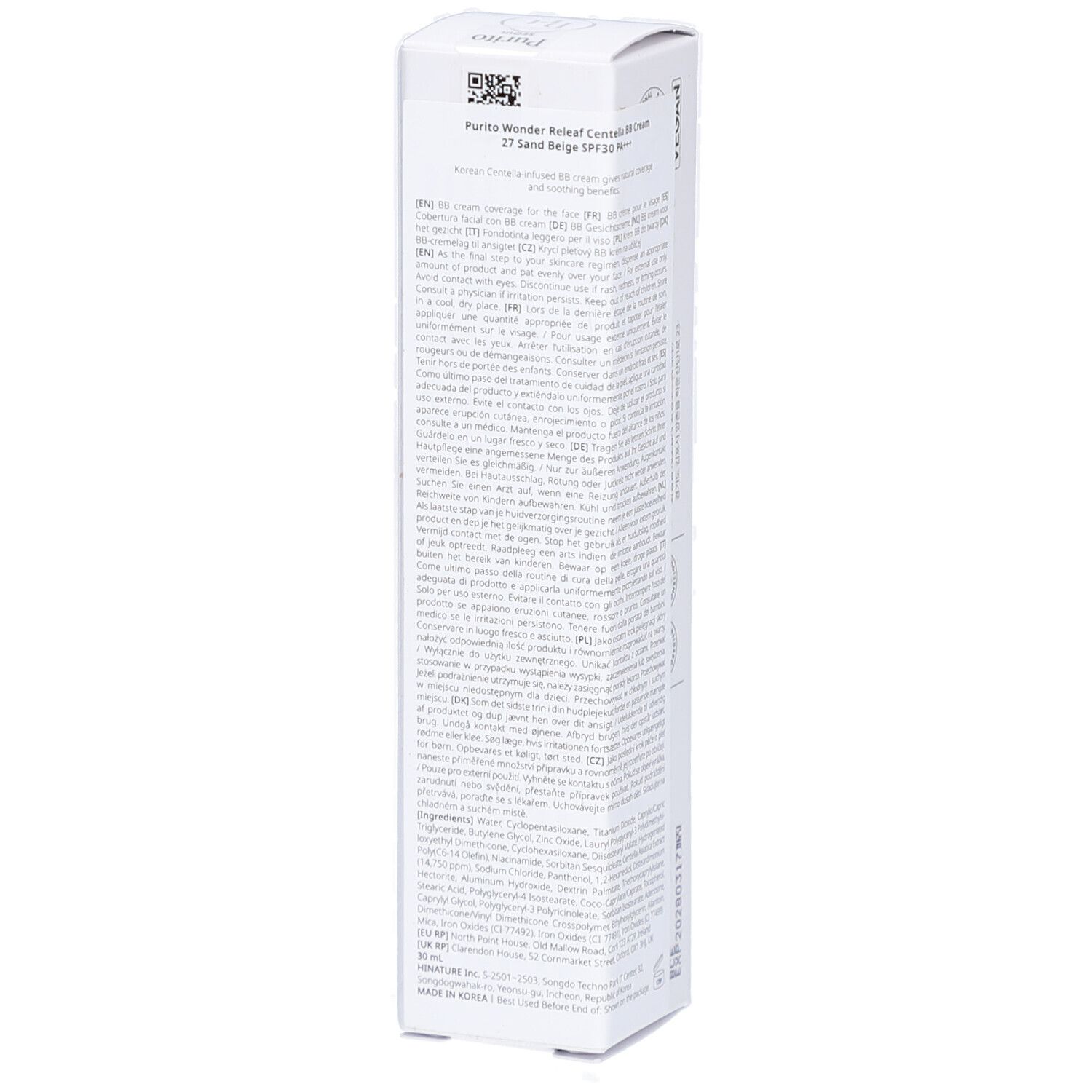 Emballage blanc avec informations produit. Contient BB Cream. Marque Purito. Texte et code-barres au dos.