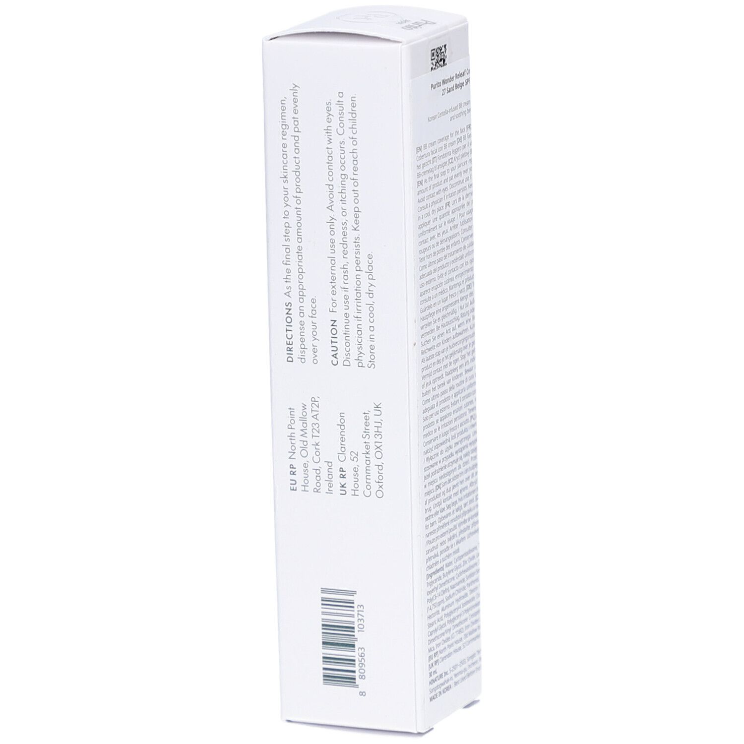 Emballage blanc avec informations produit. Contient BB Cream. Marque Purito. Texte et adresse au dos.