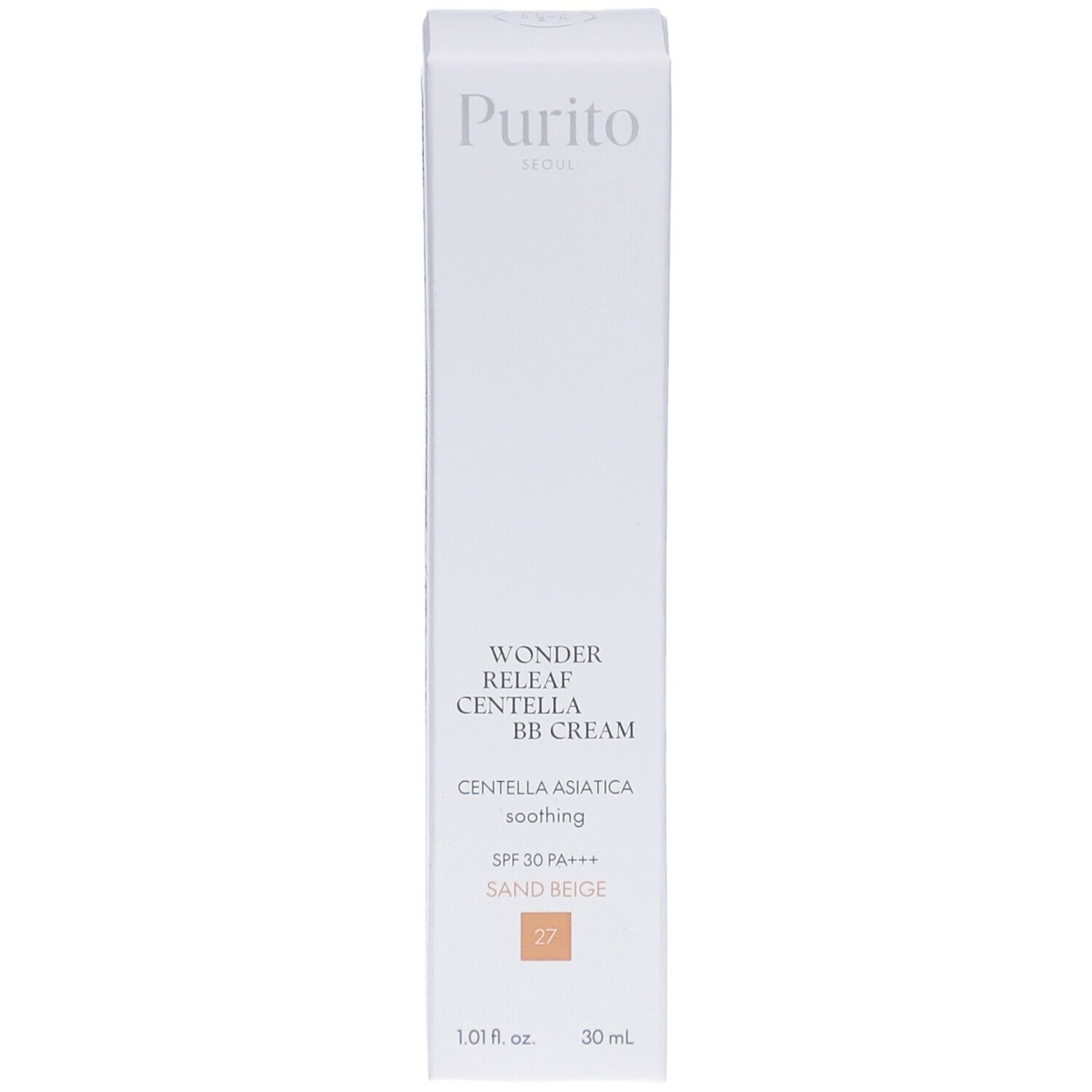 Emballage blanc avec nom et détails du produit. Contient BB Cream, teinte Sand Beige 27, 30 ml. Marque Purito.
