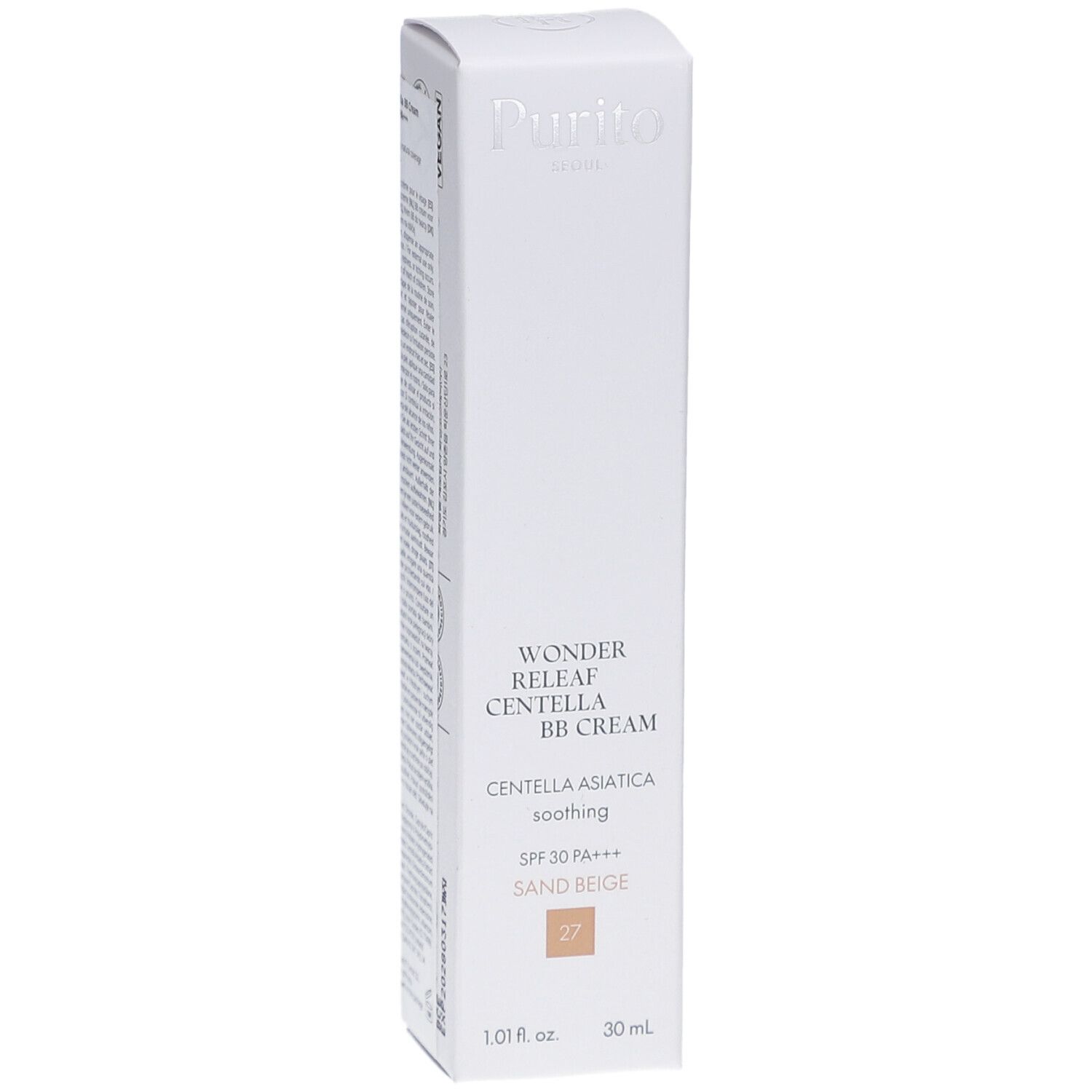 Emballage blanc avec nom et détails du produit. Contient BB Cream, teinte Sand Beige 27, 30 ml. Marque Purito.
