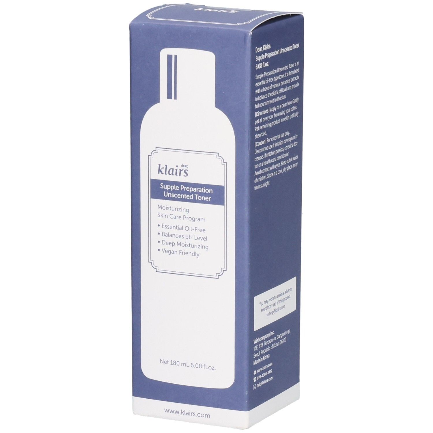 Boîte de Klairs Supple Preparation Unscented Toner avec flacon de toner représenté.