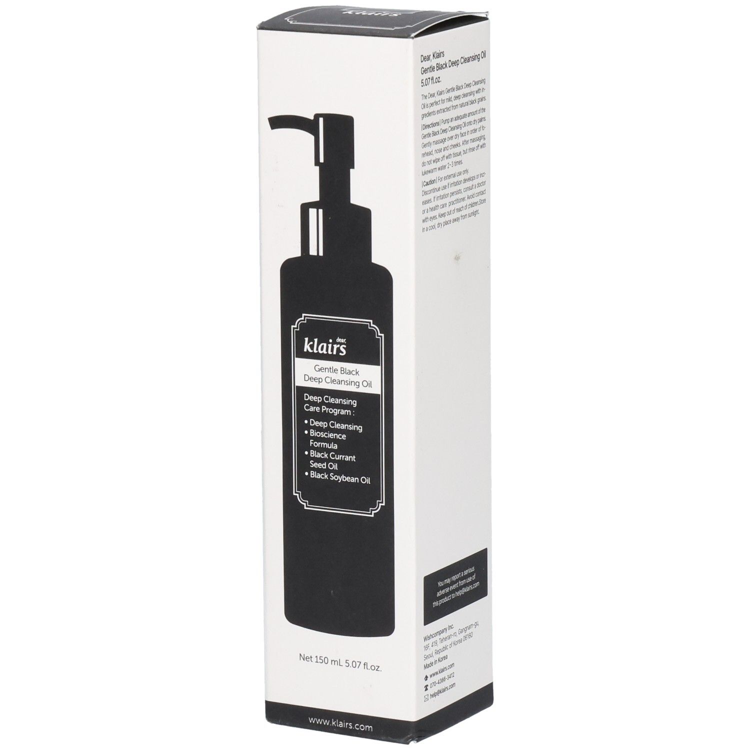Emballage blanc avec illustration noire du produit. Texte : Gentle Black Deep Cleansing Oil. Pompe. Logo végan.