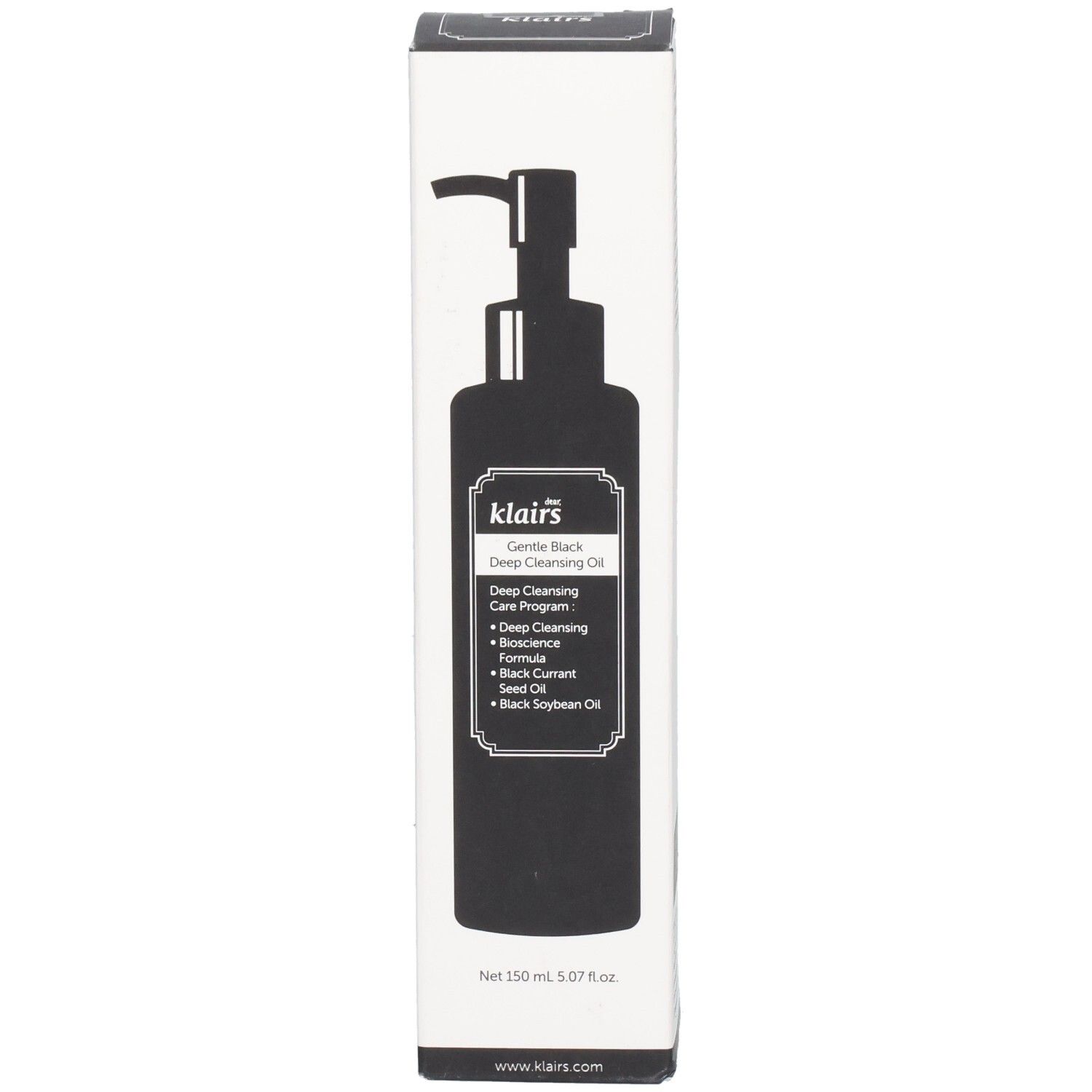 Emballage blanc avec illustration noire du produit. Texte : Gentle Black Deep Cleansing Oil. Pompe. Face avant.