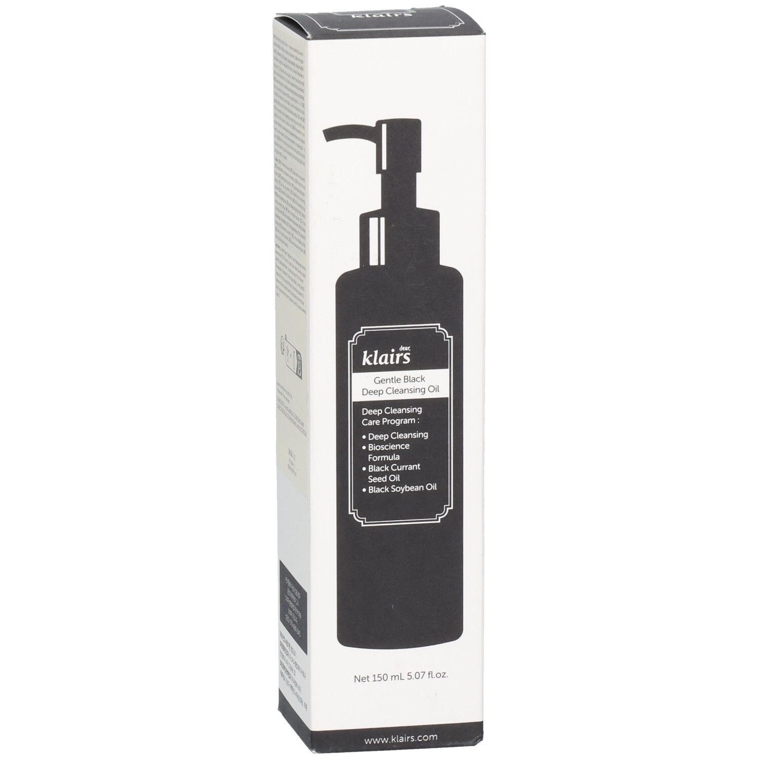 Emballage blanc avec illustration noire du produit. Texte : Gentle Black Deep Cleansing Oil. Pompe. Face avant.