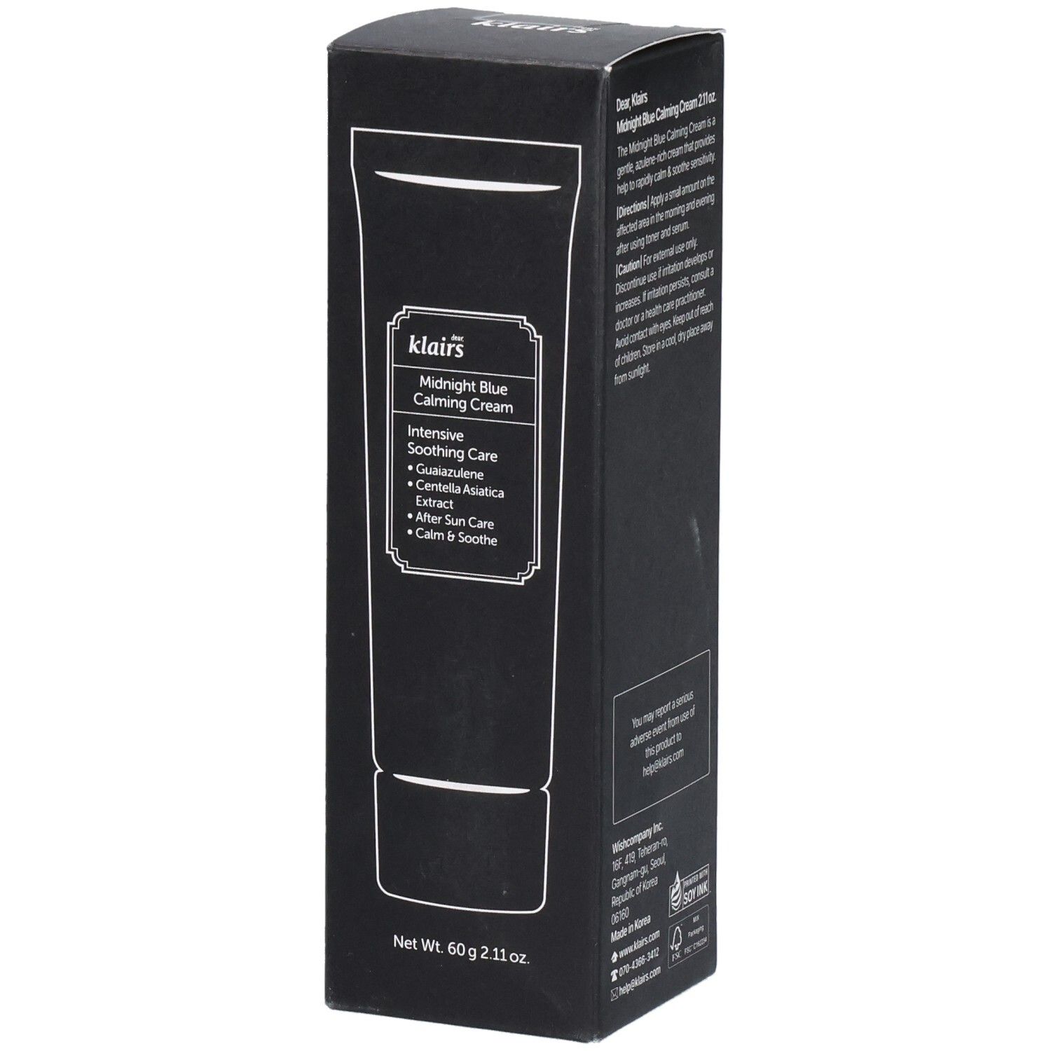 Boîte noire. Inscription: Midnight Blue Calming Cream. Texte: Intensive Soothing Care. Marque: Klairs.