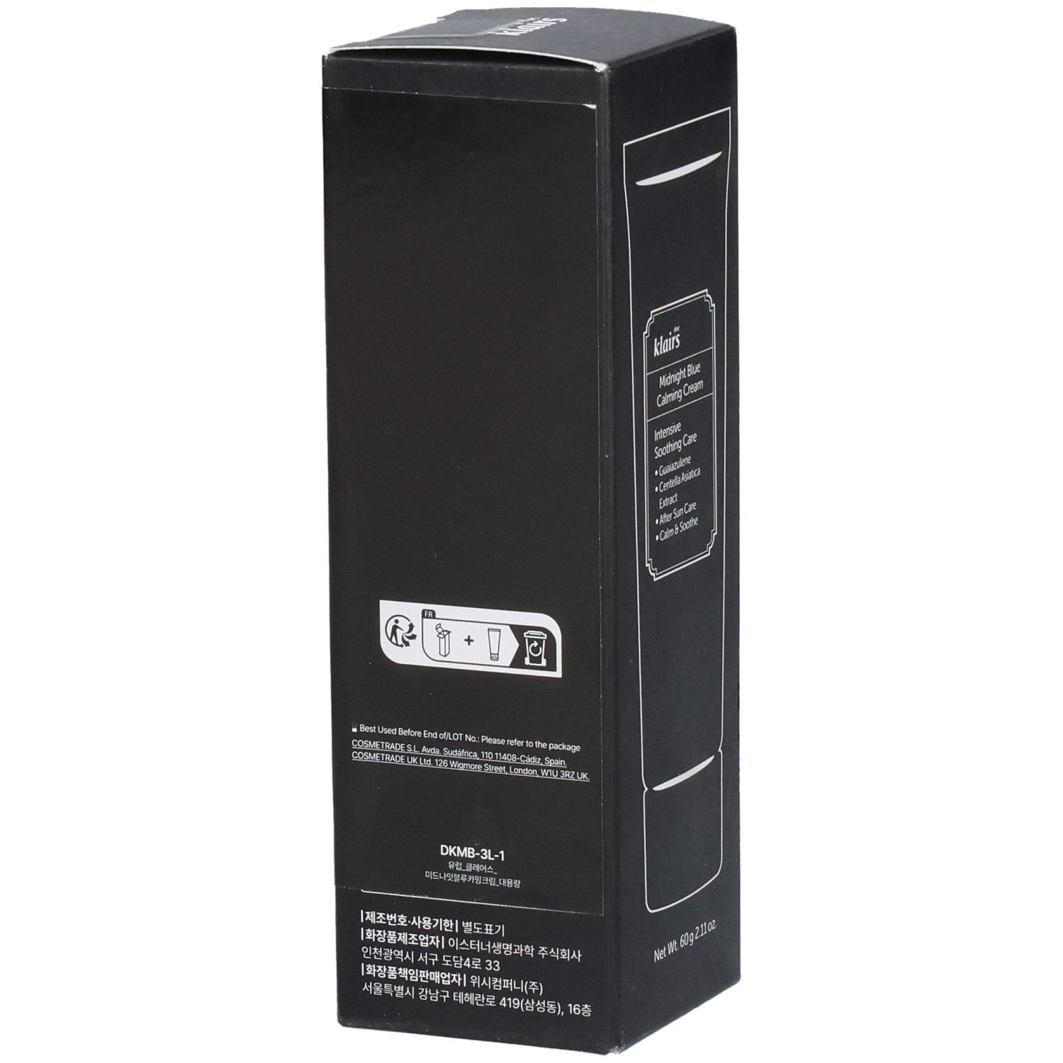 Emballage noir. Dos avec texte et pictogrammes. Marque: Klairs. Produit: Midnight Blue Calming Cream.