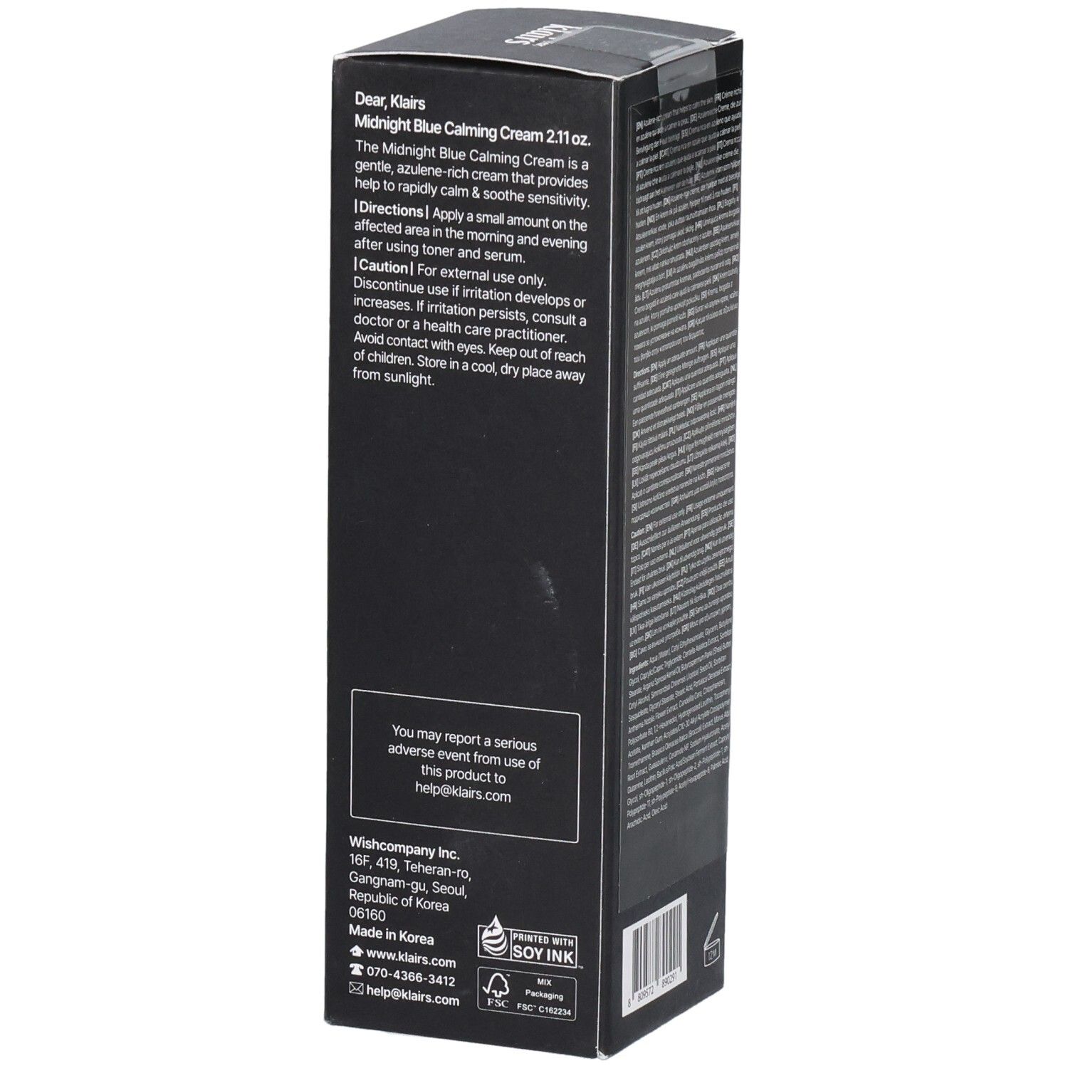 Emballage noir. Texte: Midnight Blue Calming Cream. Marque: Klairs. Texte: Intensive Soothing Care.