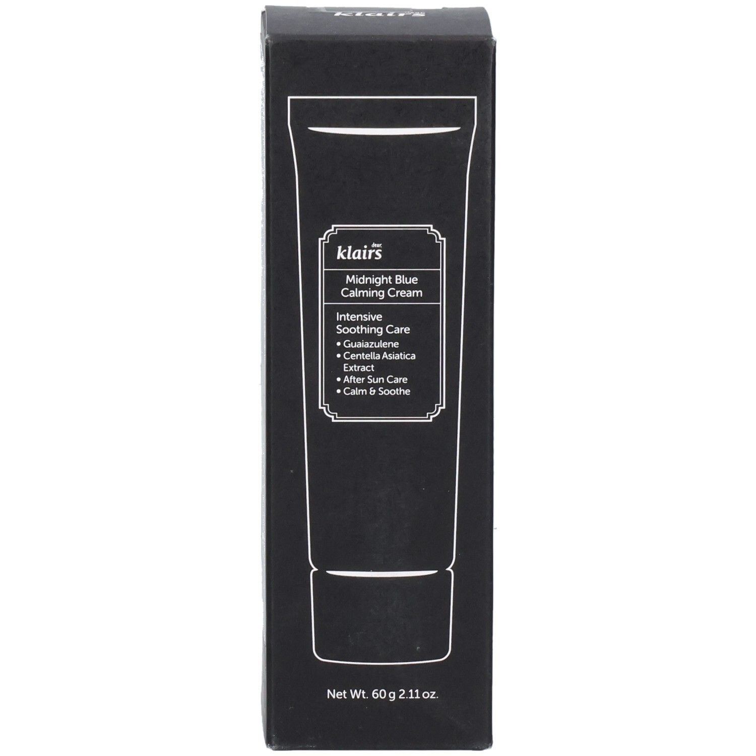 Boîte noire. Inscription: Midnight Blue Calming Cream. Texte: Intensive Soothing Care. Marque: Klairs.