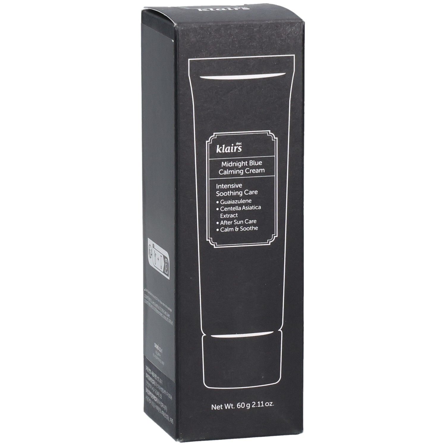 Boîte noire. Inscription: Midnight Blue Calming Cream. Texte: Intensive Soothing Care. Marque: Klairs.