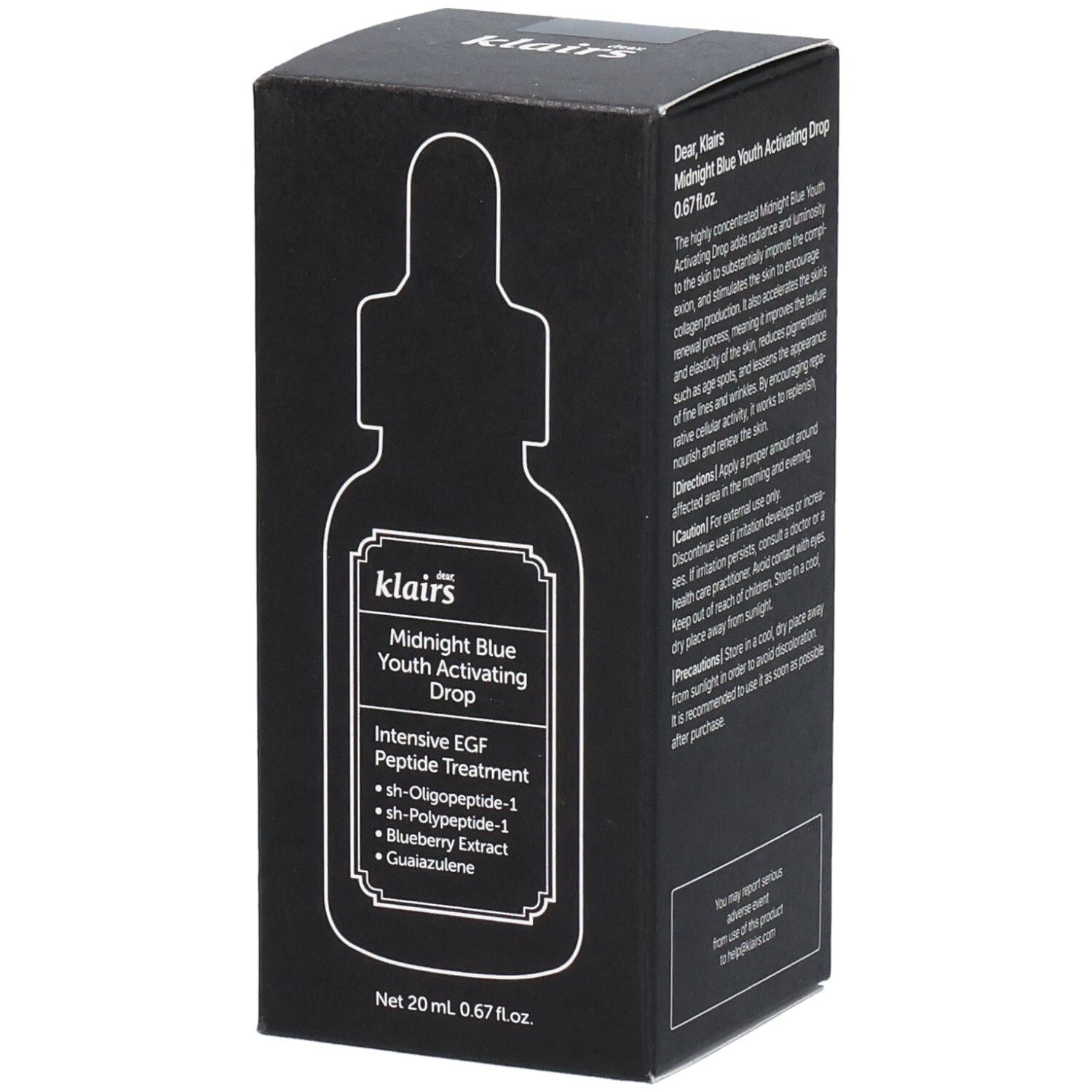 Boîte noire avec image du produit. Contient le texte : Midnight Blue Youth Activating Drop. 20 ml. Avec peptides.