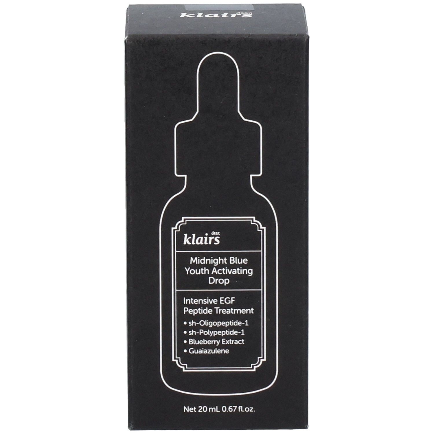 Boîte noire avec image du produit. Contient le texte : Midnight Blue Youth Activating Drop. 20 ml. Avec peptides.