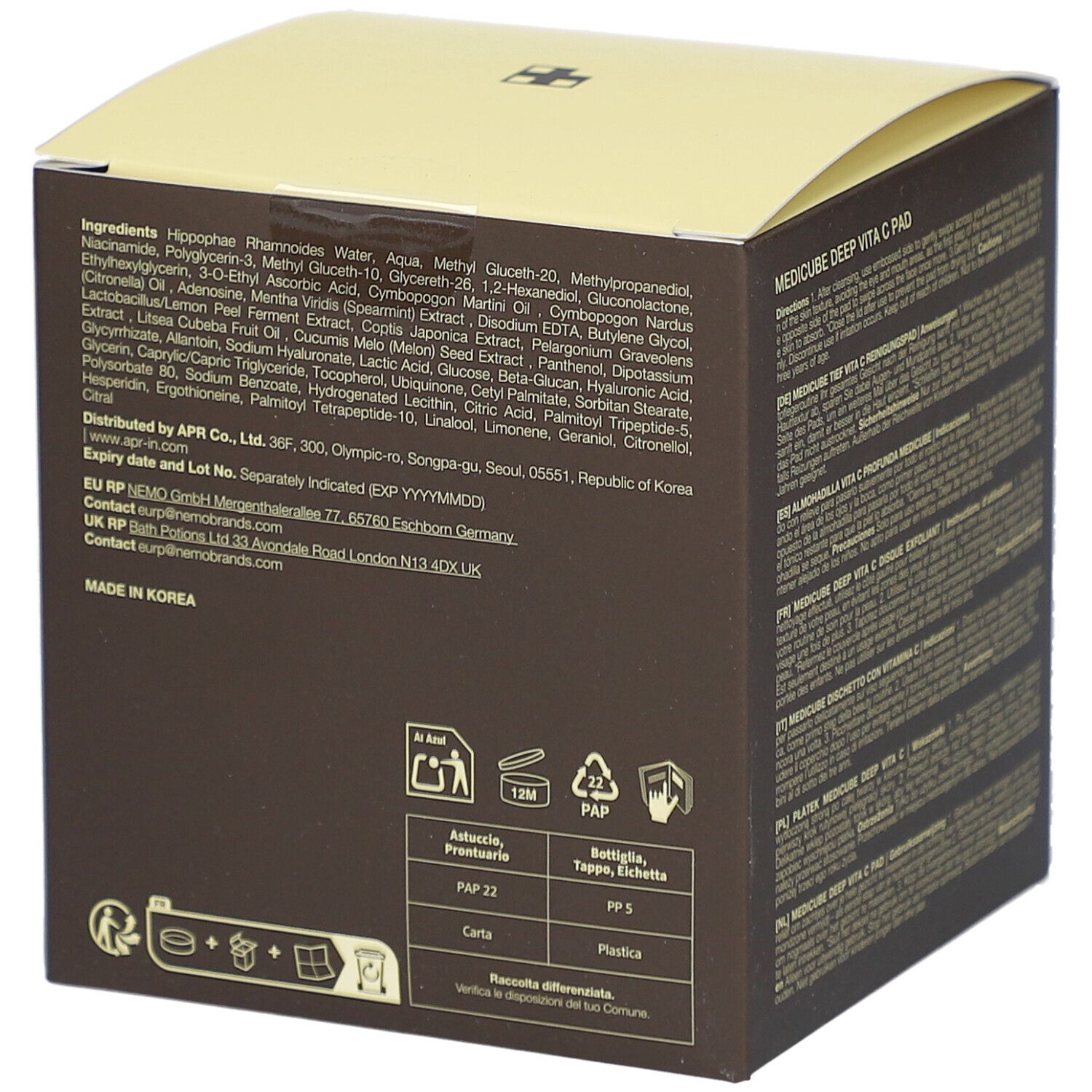 Boîte marron et couvercle jaune. Inscriptions: medicube, DEEP VITA C PAD, Vitamin Water, Vitamin C Derivative, Niacinamide 2%. Liste des ingrédients.