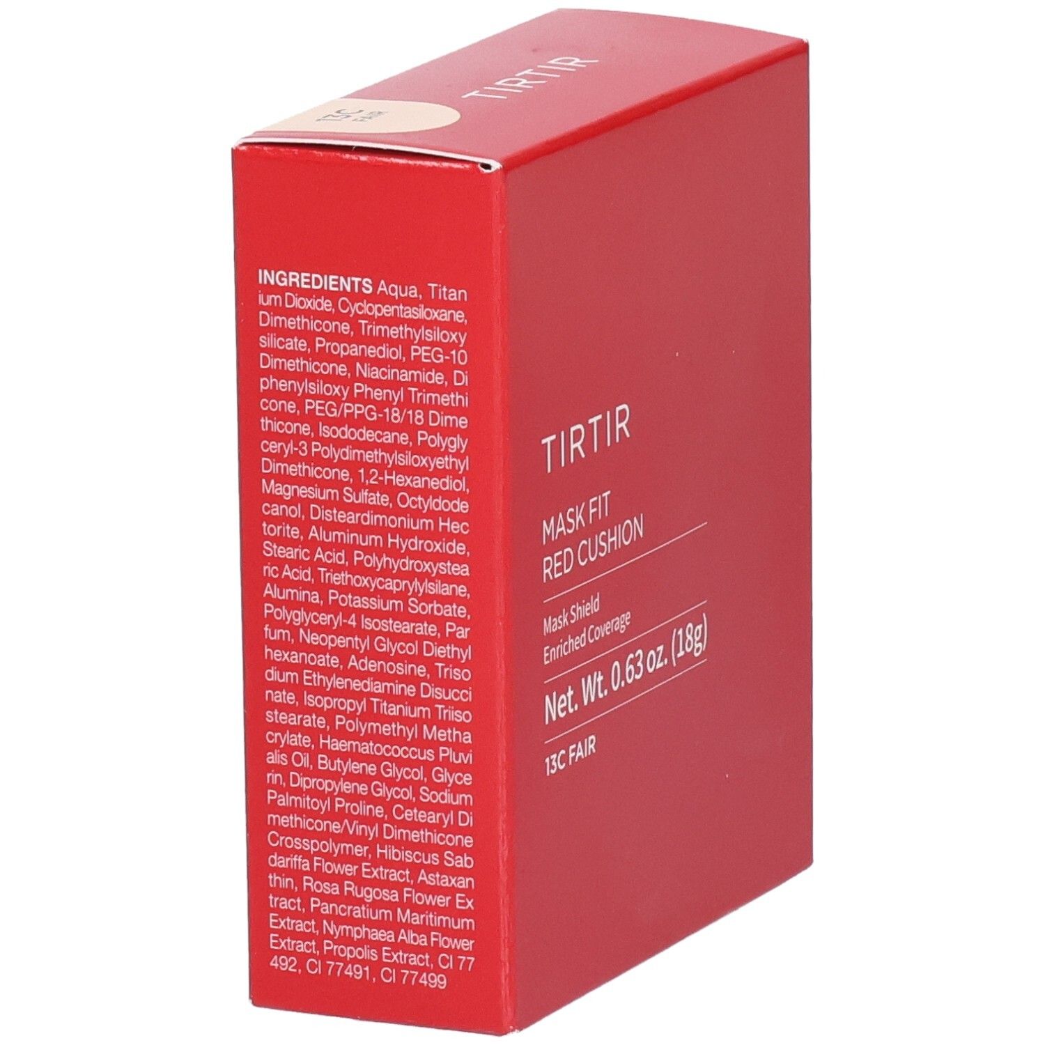 Emballage rouge avec ingrédients. Inscription : TIRTIR, Mask Fit Red Cushion, 13C Fair. Poids net : 0,63 oz. (18g).