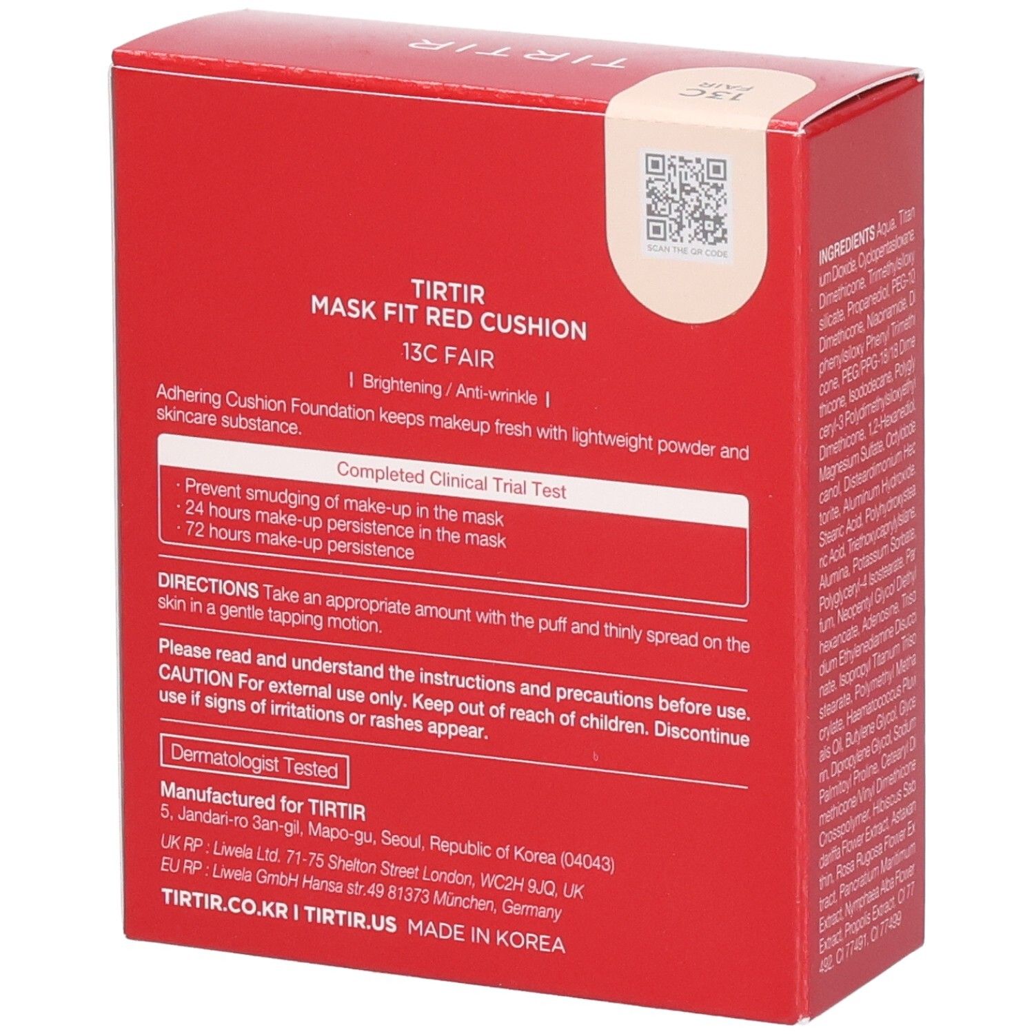 Emballage rouge avec texte. Inscription : TIRTIR, Mask Fit Red Cushion, 13C Fair. Poids net : 0,63 oz. (18g).