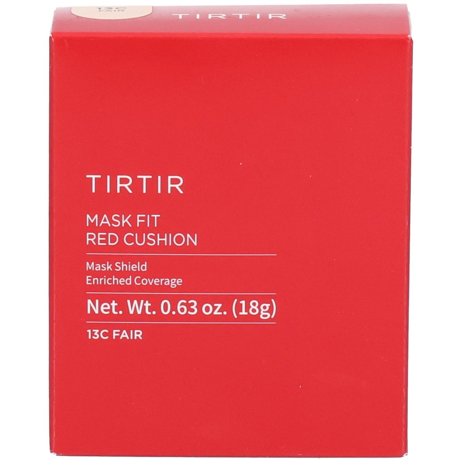 Boîte rouge carrée. Inscription : TIRTIR, Mask Fit Red Cushion, 13C Fair. Poids net : 0,63 oz. (18g).